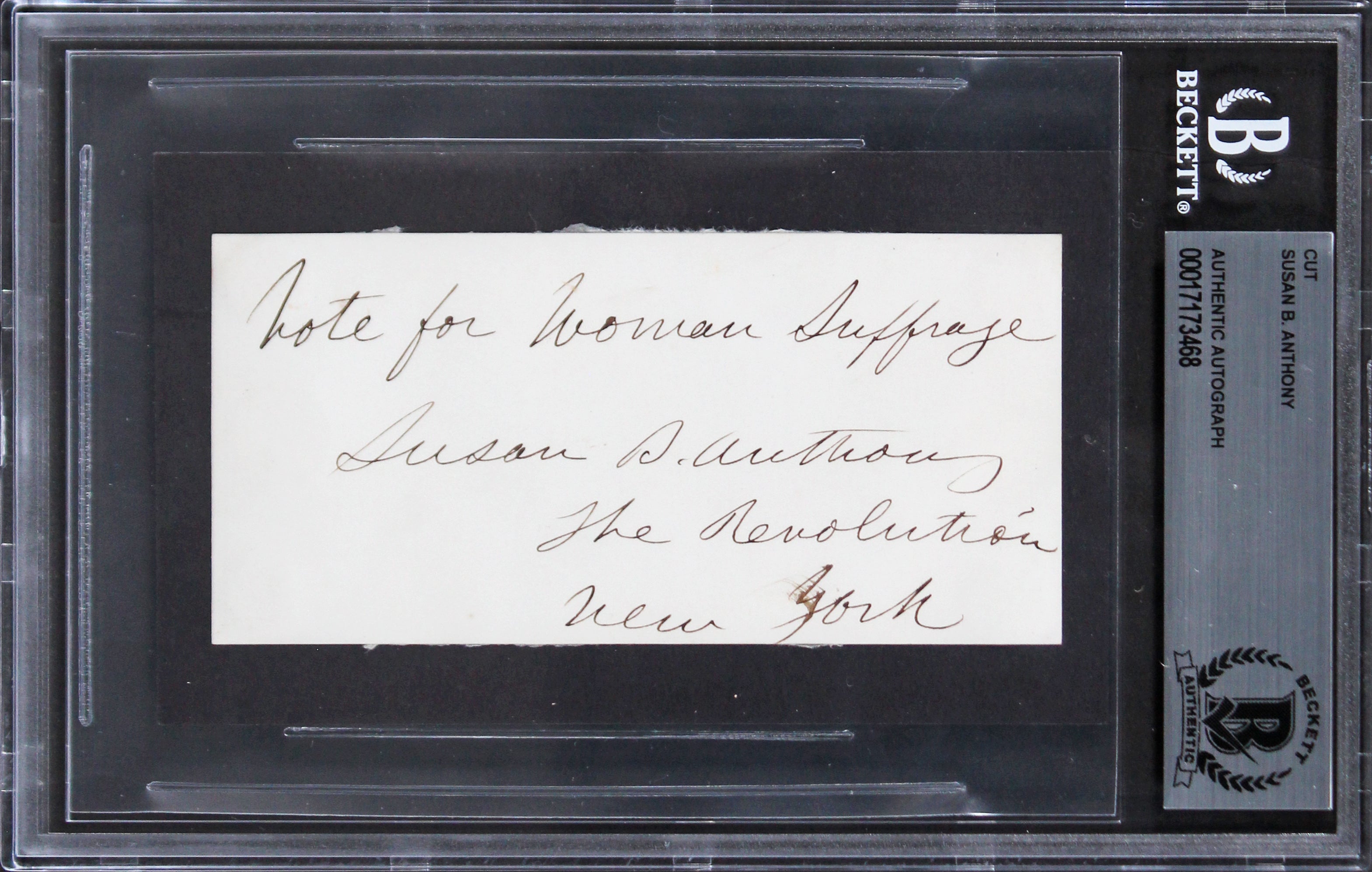 Susan B. Anthony "Vote for Woman Suffrage" Signed 2.15x4.5 Cut Sig BAS Slabbed