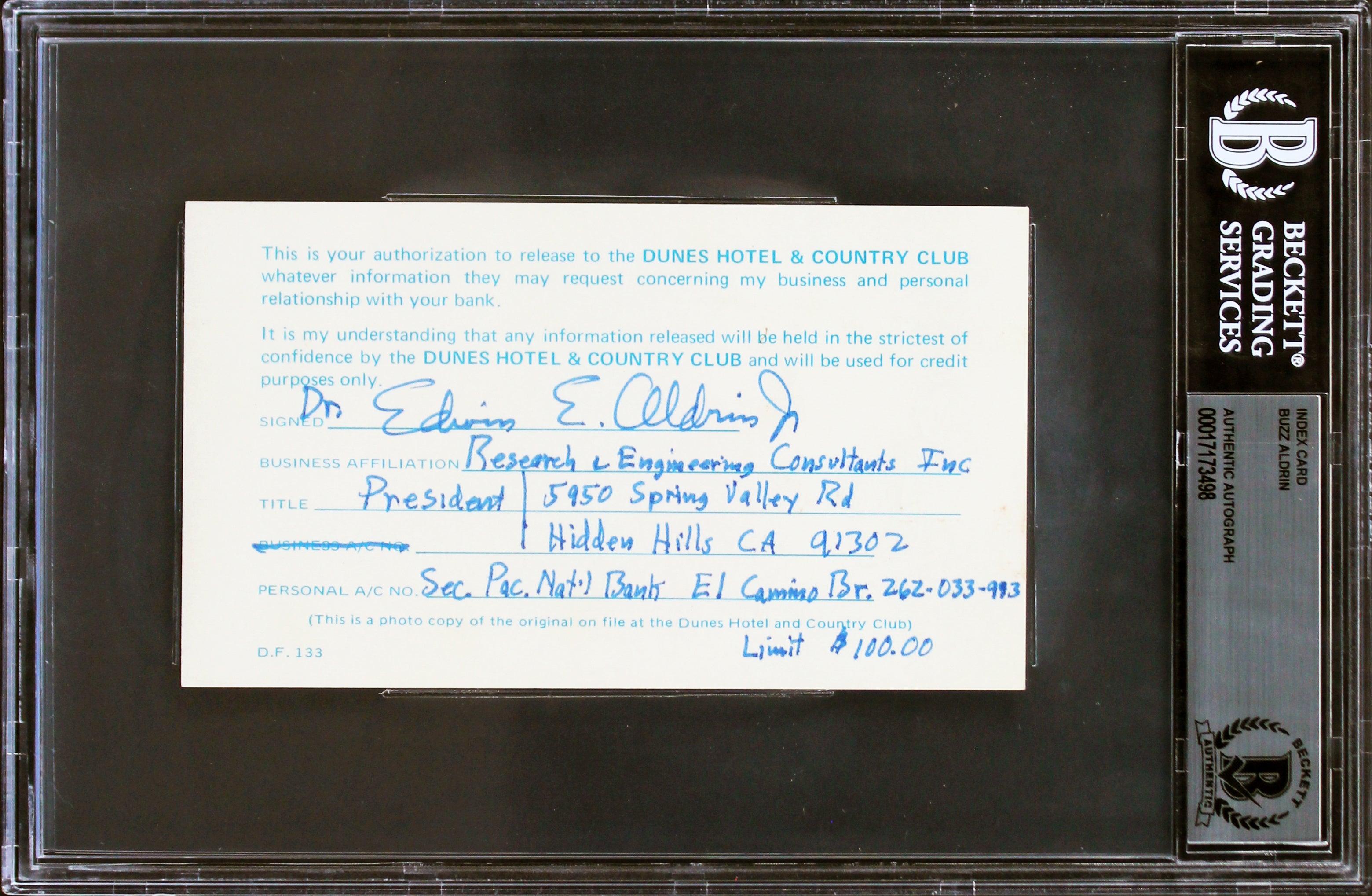 Edwin "Buzz" Aldrin Apollo 11 Authentic Signed 3.25 x 5.5 Index Card BAS Slabbed