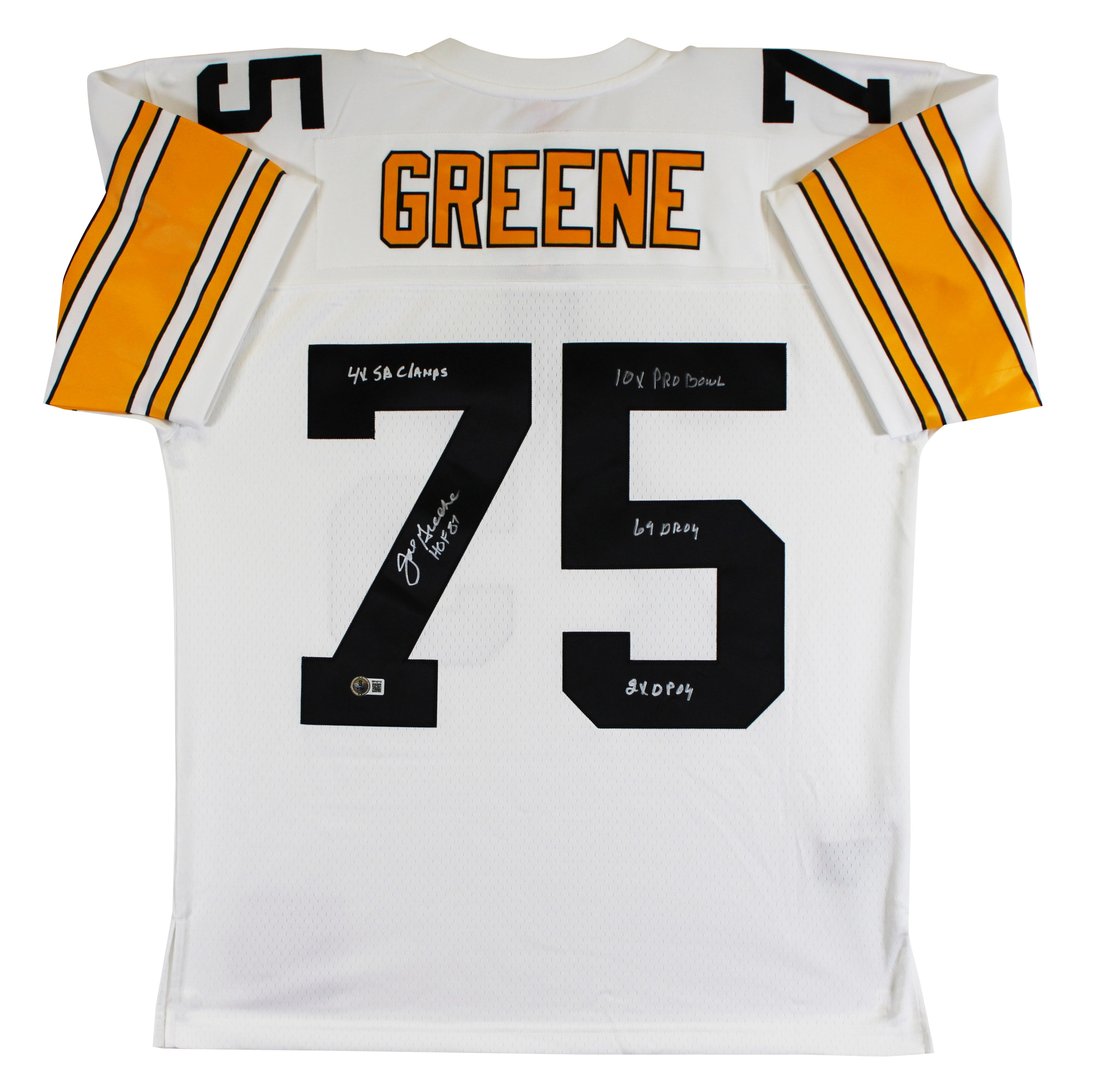 Steelers Joe Greene "Career Stat" Signed White M&N TB Jersey BAS Witnessed
