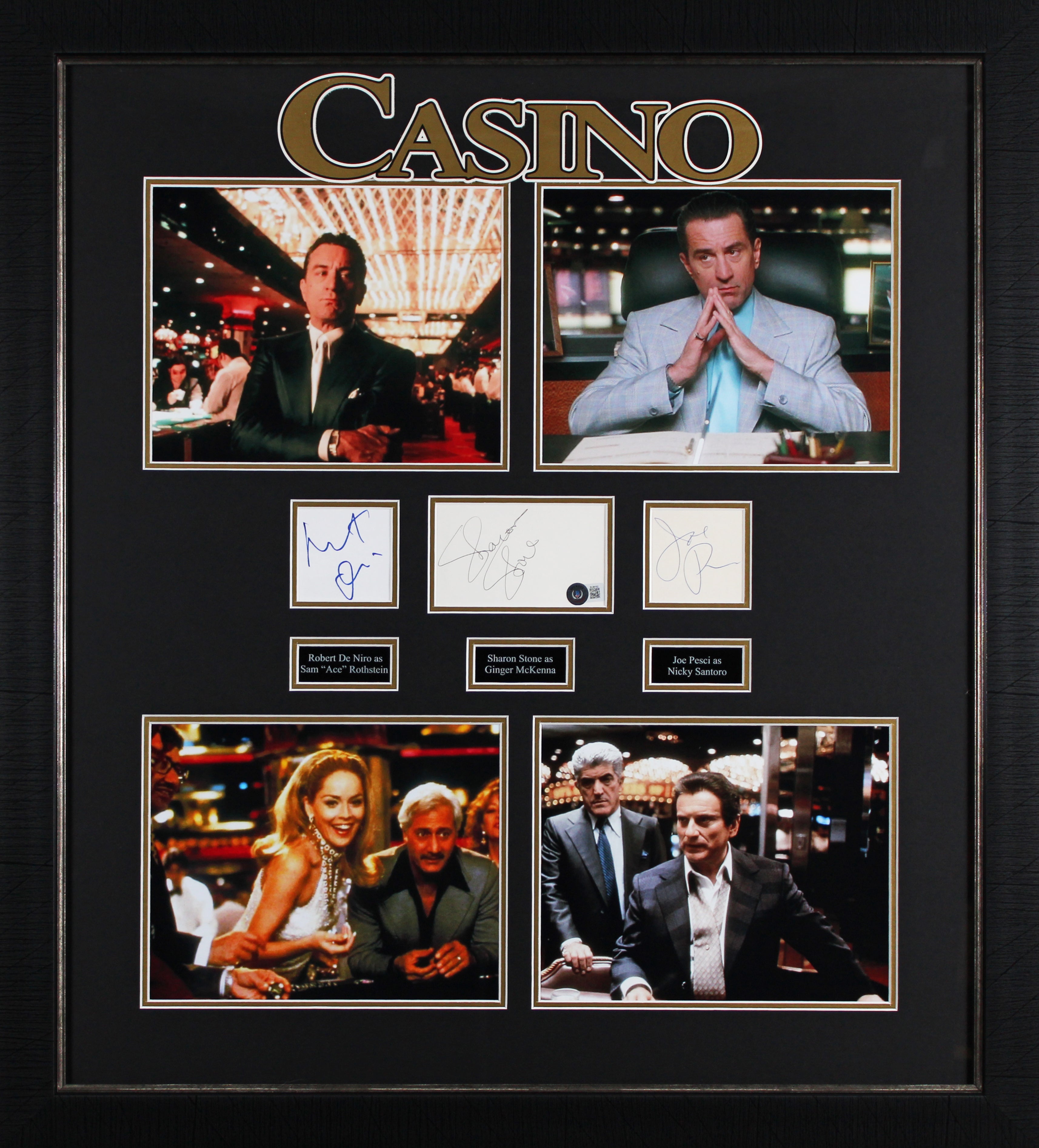 Casino (3) De Niro, Stone & Pesci Signed 3x5 Index Card Framed Display BAS LOA