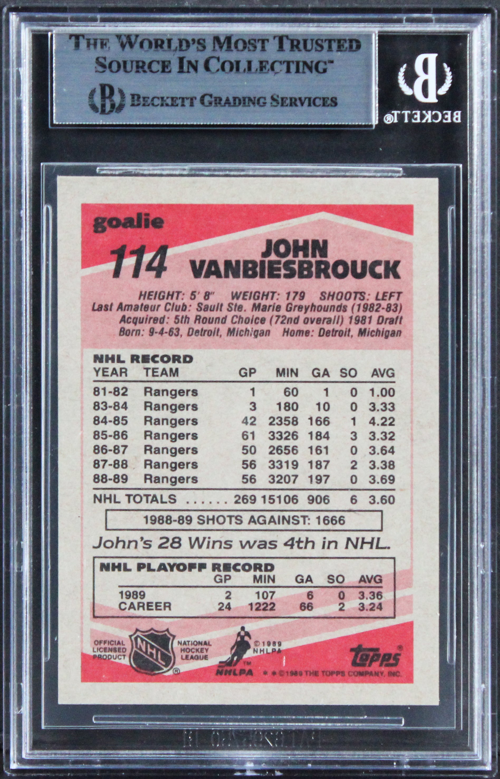 Rangers John Vanbiesbrouck Authentic Signed 1989 Topps #114 Card BAS Slabbed