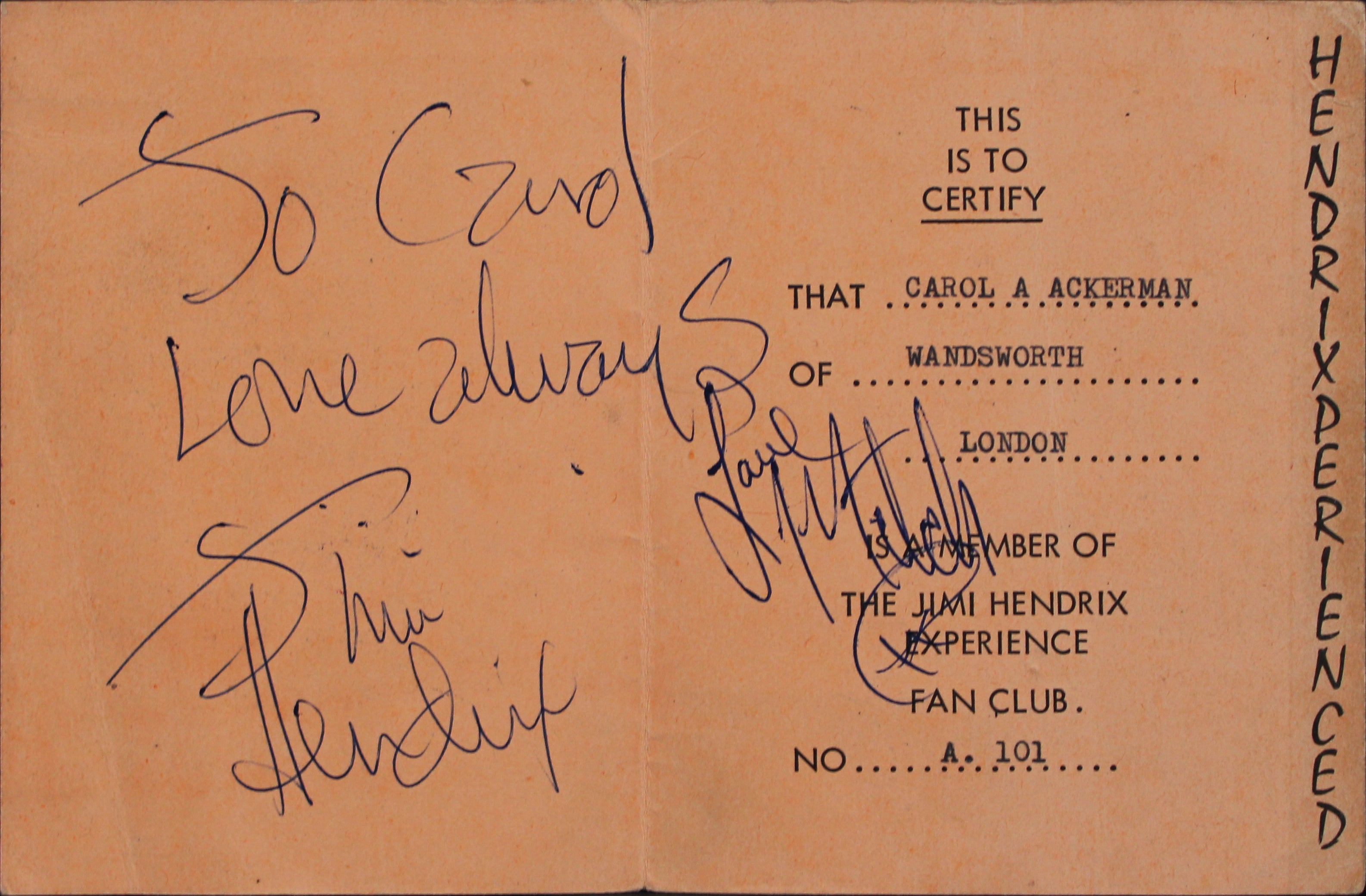 Jimi Hendrix "Love Always" Signed 1967 4.5x6.7 UK Fan Club Booklet BAS #AD85591