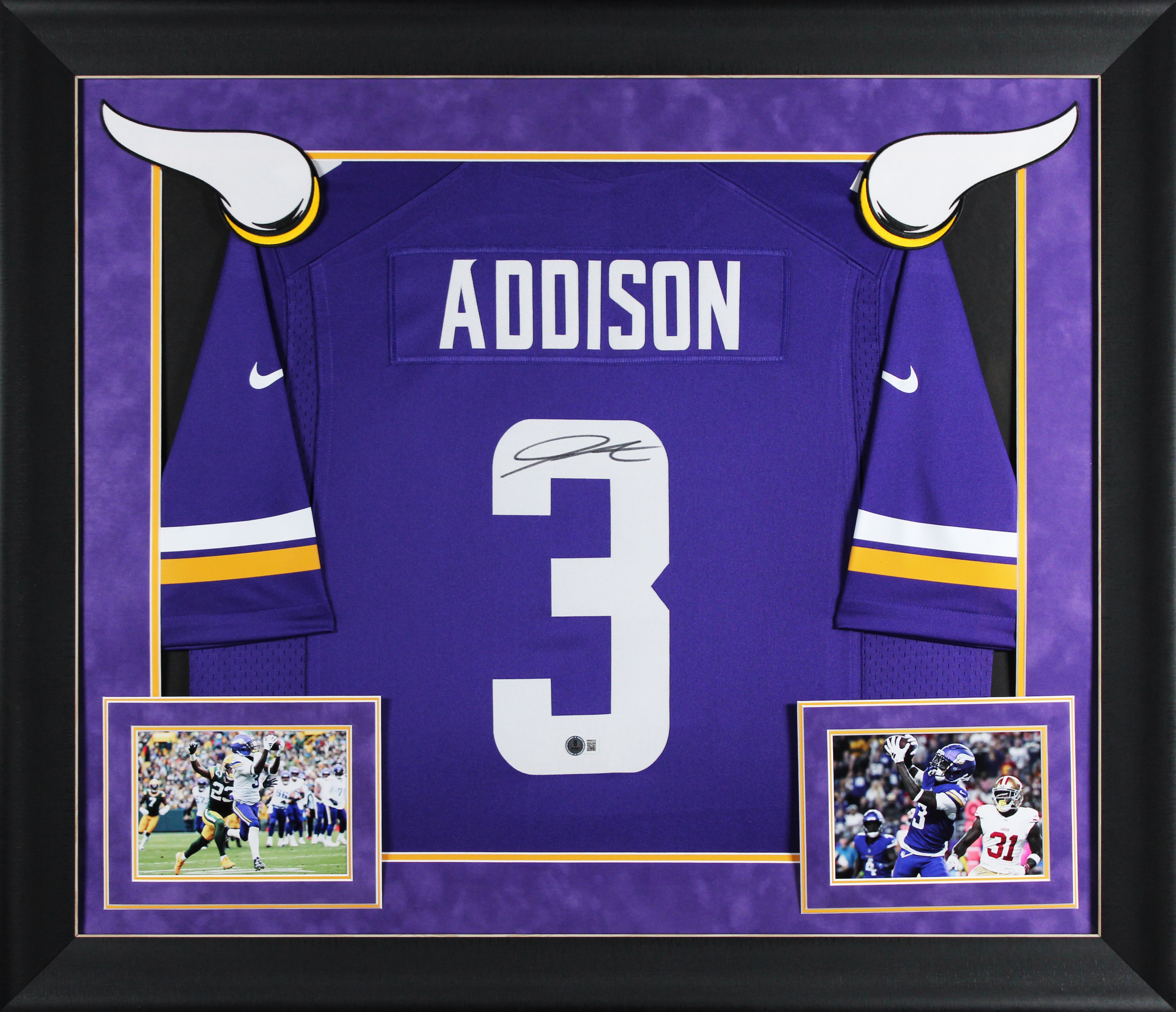 Vikings Jordan Addison Signed Purple Nike Limited Framed Jersey BAS Witnessed