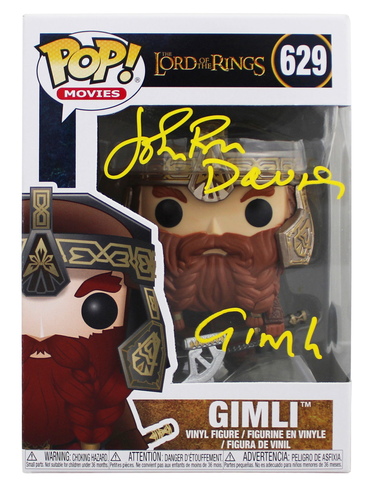 John Rhys-Davies LOTR "Gimli" Signed #629 Funko Pop Figure w/ Yellow Sig BAS Wit