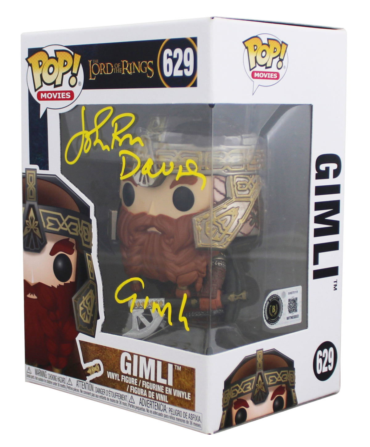 John Rhys-Davies LOTR "Gimli" Signed #629 Funko Pop Figure w/ Yellow Sig BAS Wit