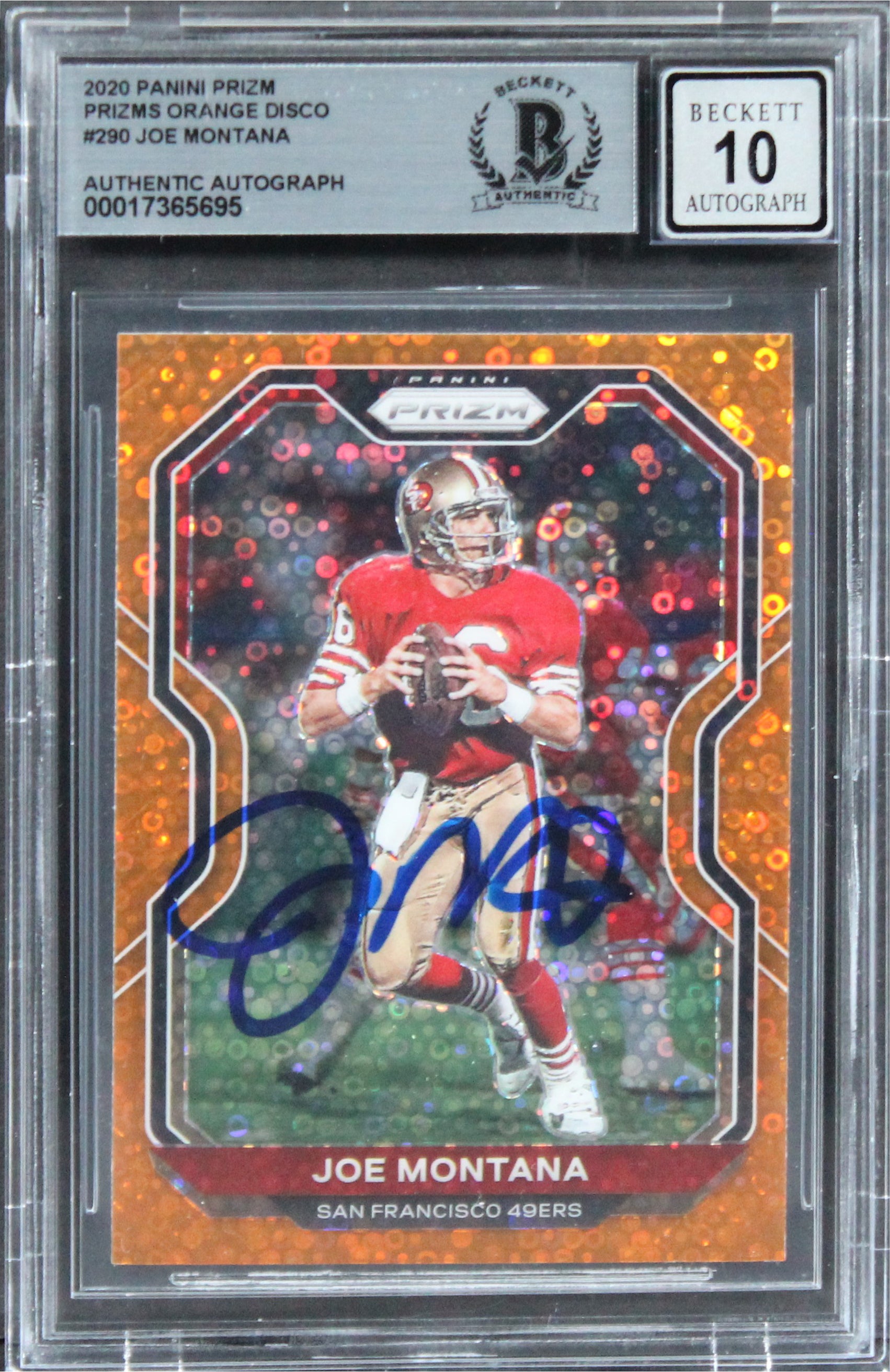 49ers Joe Montana 2020 Panini Prizm Prizms Orange Disco #290 Card BAS Slabbed