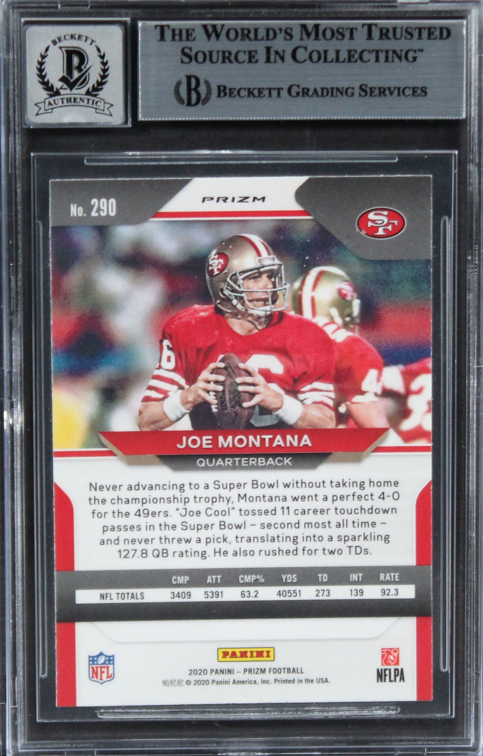 49ers Joe Montana 2020 Panini Prizm Prizms Orange Disco #290 Card BAS Slabbed