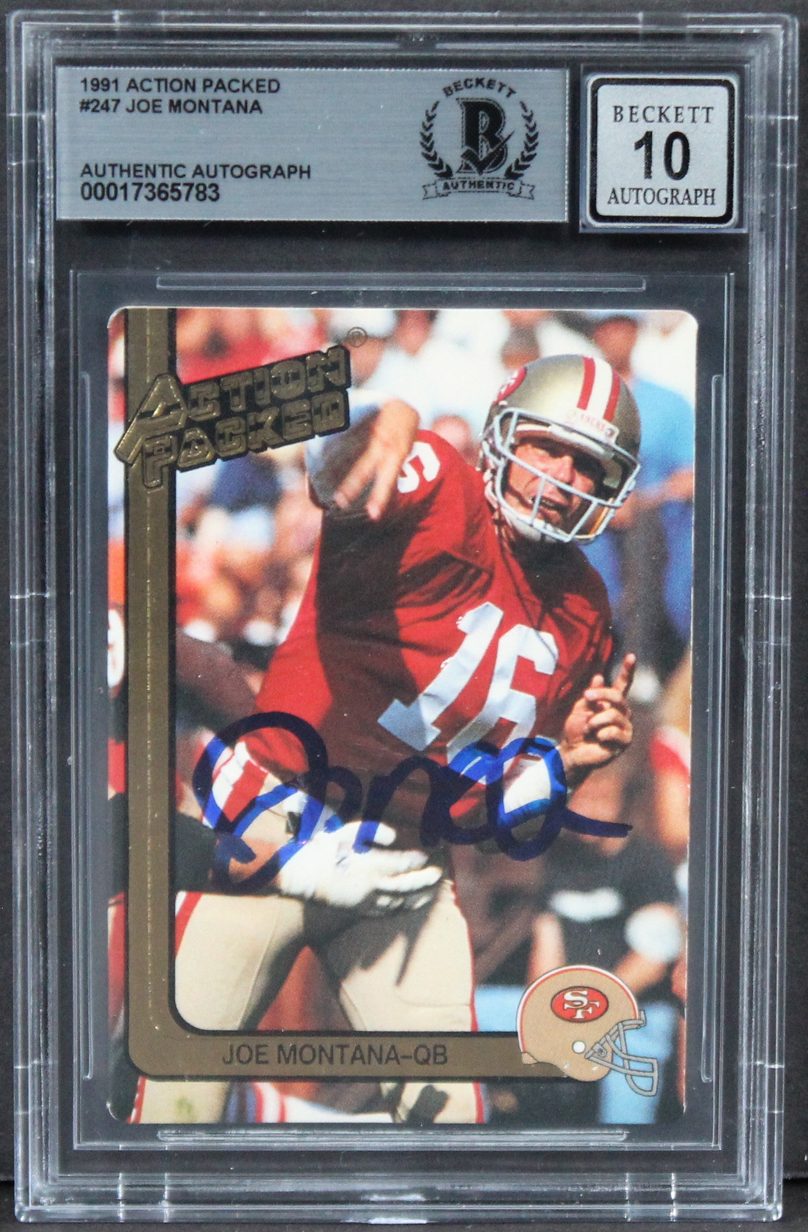 49ers Joe Montana Signed 1991 Action Packed #247 Card Auto Graded 10! BAS Slab