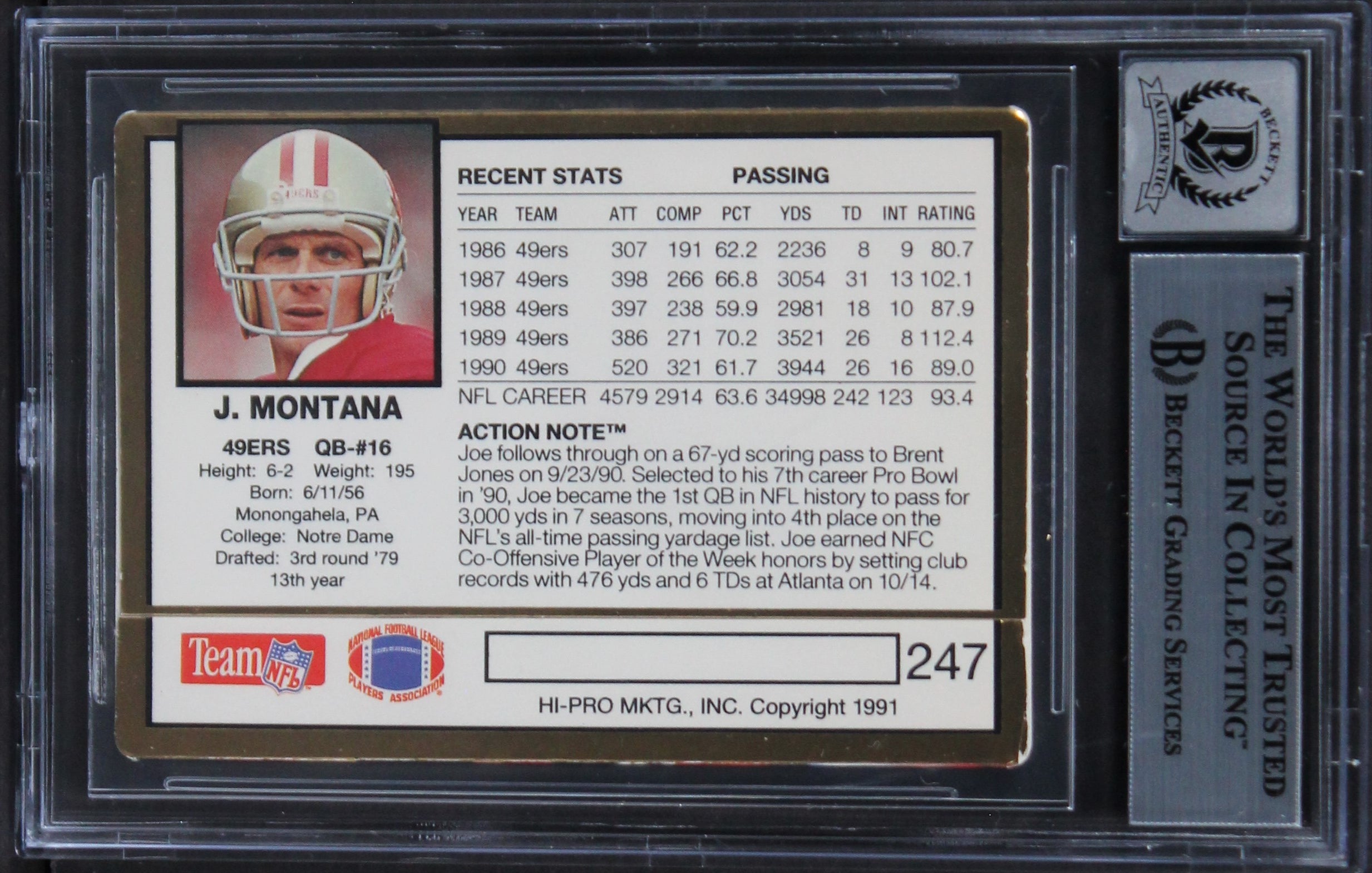 49ers Joe Montana Signed 1991 Action Packed #247 Card Auto Graded 10! BAS Slab