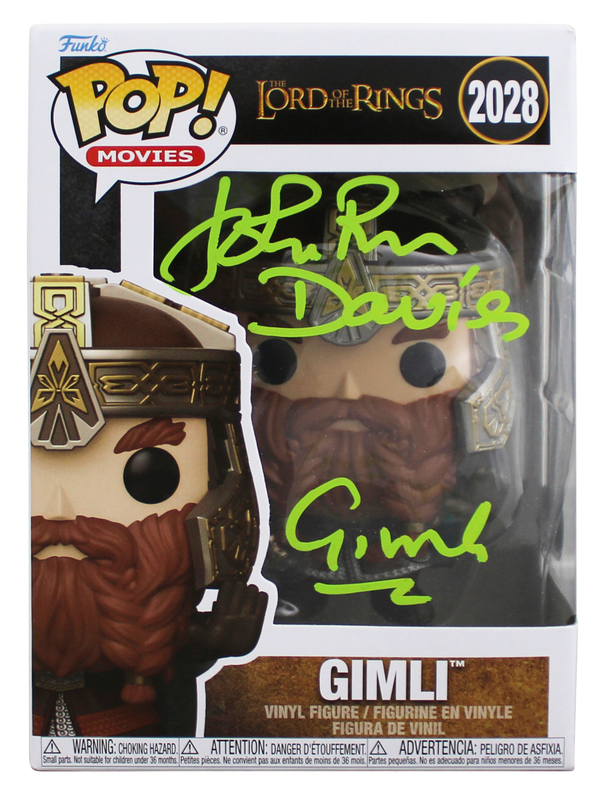 John Rhys-Davies LOTR "Gimli" Signed #2028 Funko Pop Figure w/ Green Sig BAS Wit