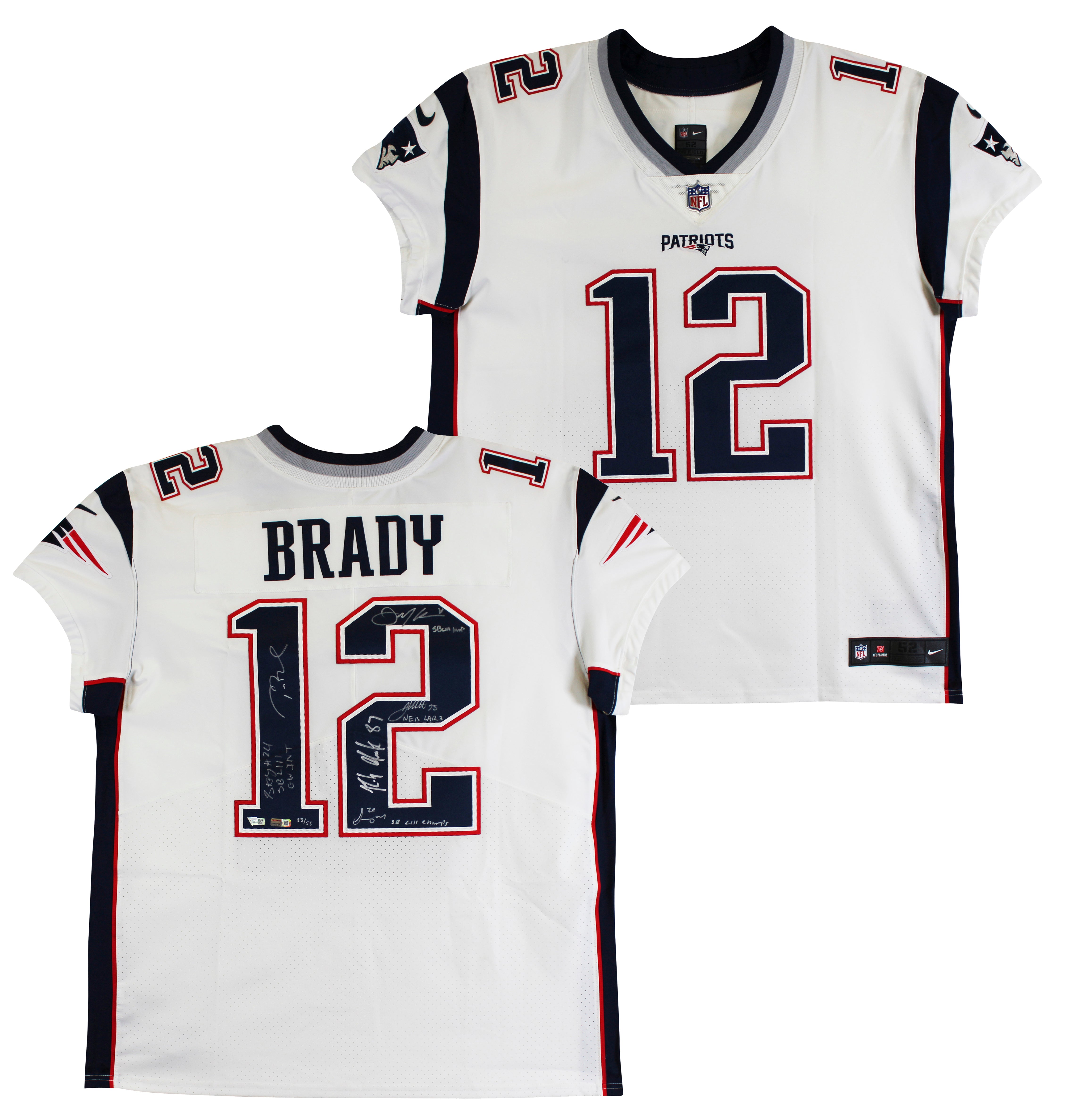 (6) Brady, Gronkowski, Gilmore, Edelman +2 Signed White Nike Elite Jersey BAS