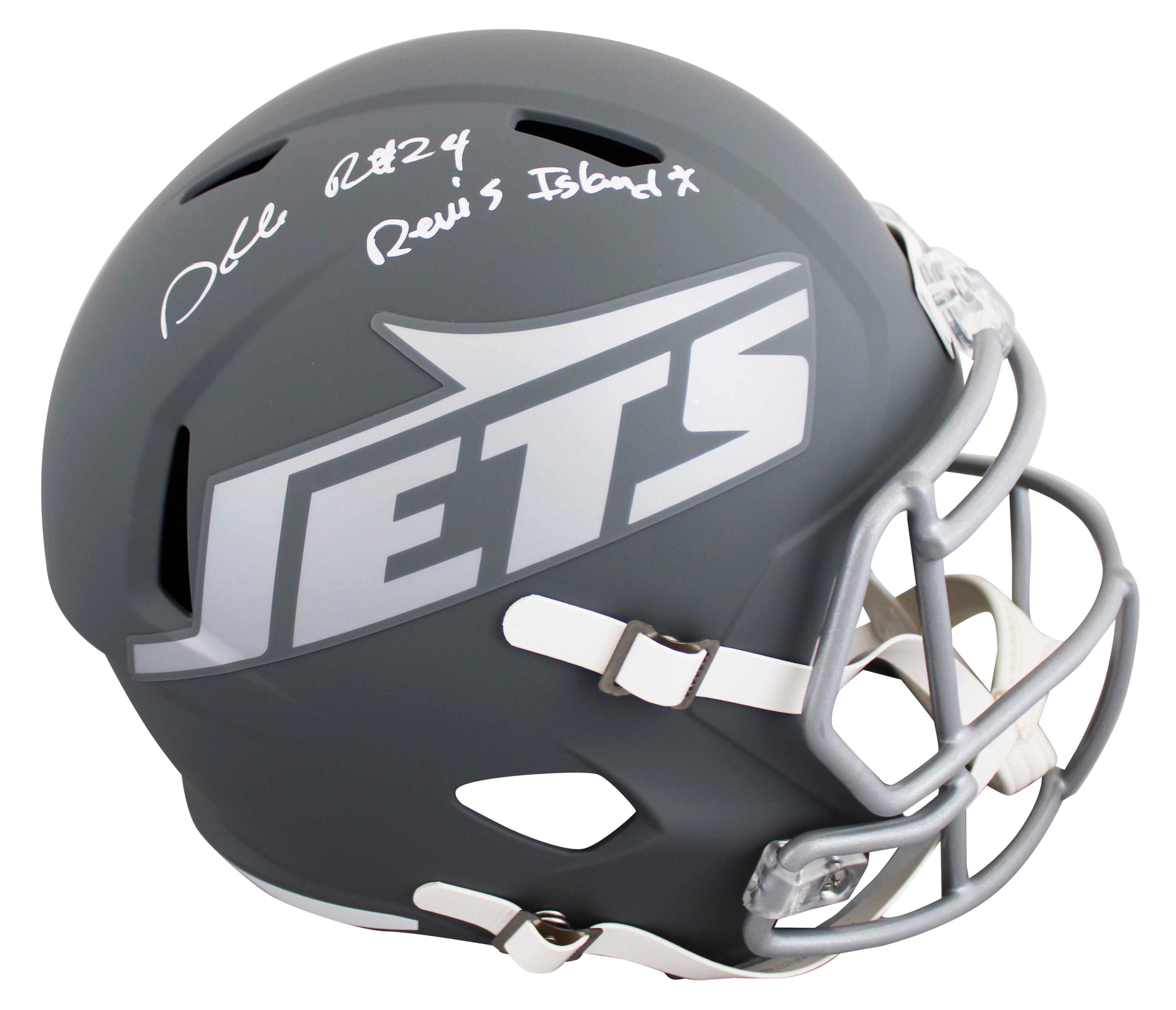 Jets Darrelle Revis "Revis Island" Signed Slate Full Size Speed Rep Helmet BAS W