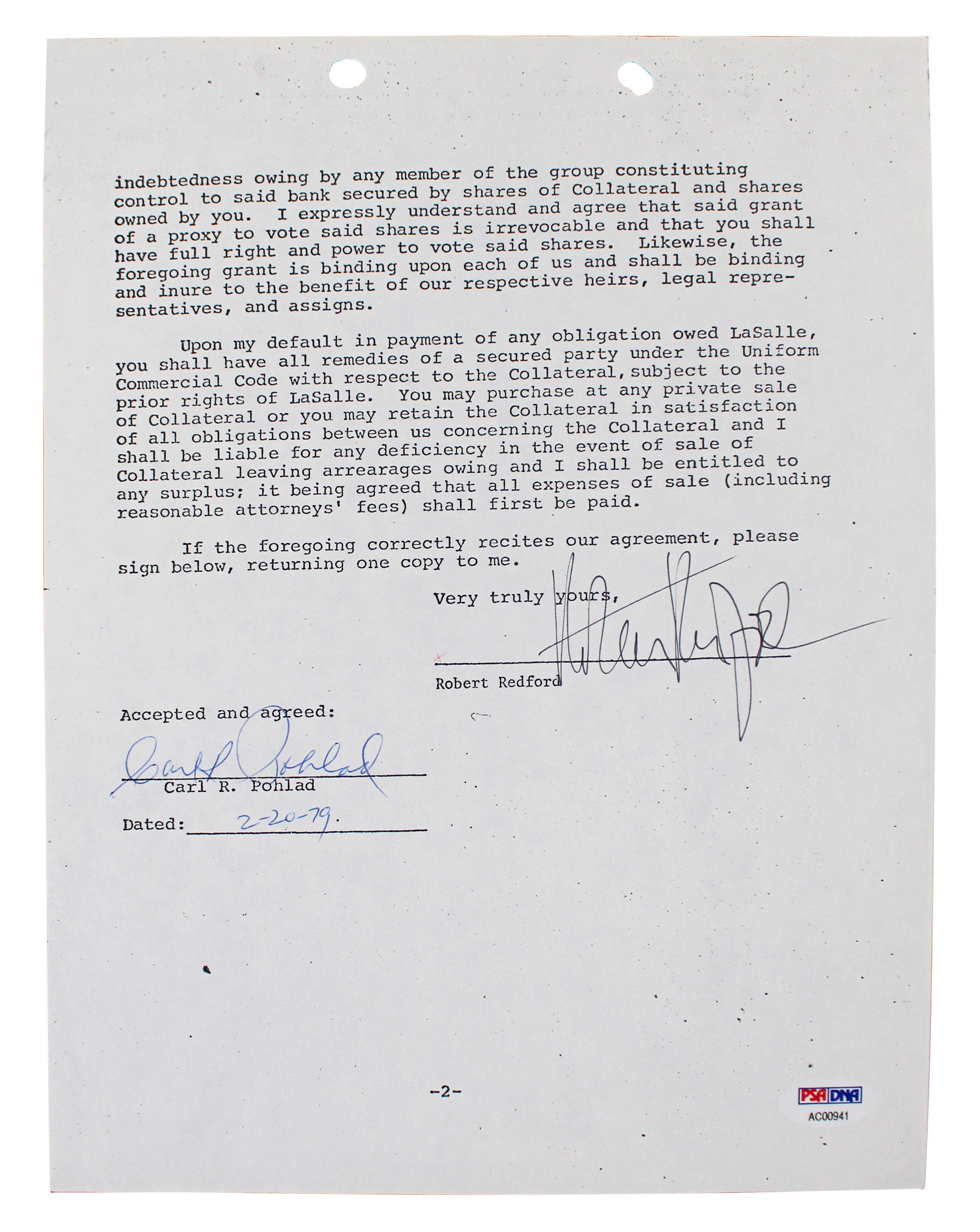 Robert Redford The Natural Authentic Signed 2 Page 8.5x11 Contract PSA #AC00941