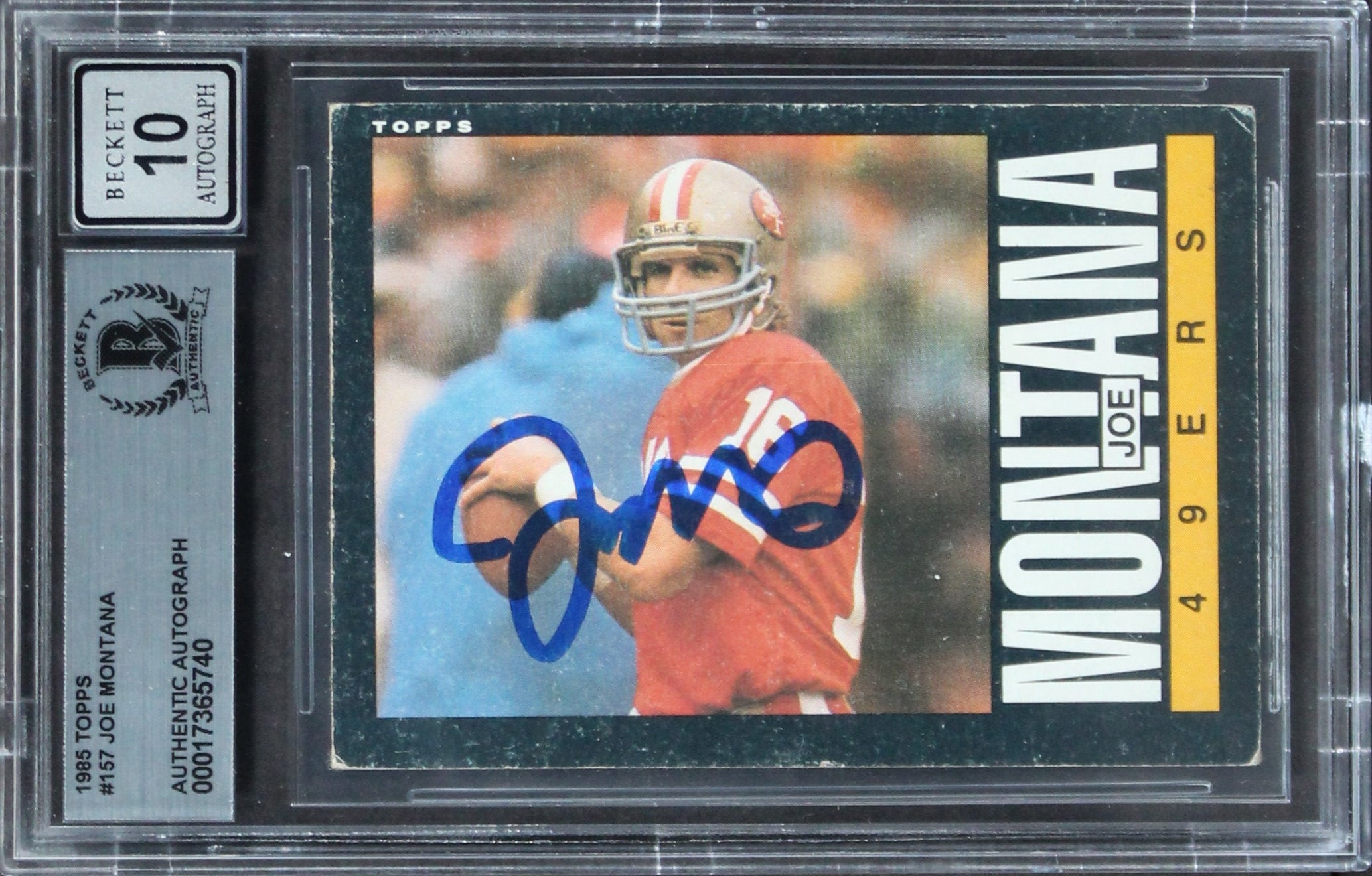 49ers Joe Montana Signed 1985 Topps #157 Card Auto Graded Gem Mint 10! BAS Slab