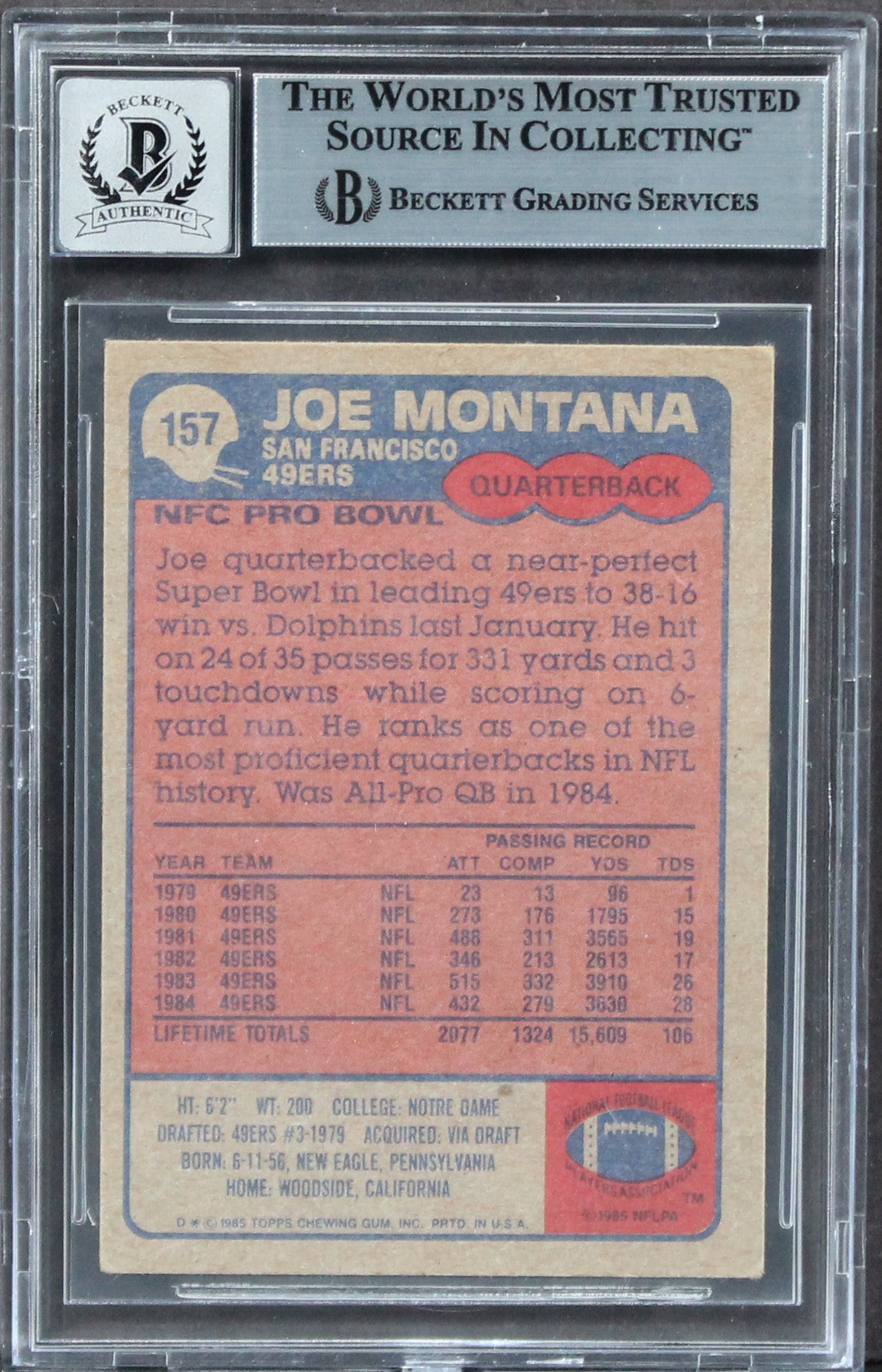 49ers Joe Montana Signed 1985 Topps #157 Card Auto Graded Gem Mint 10! BAS Slab