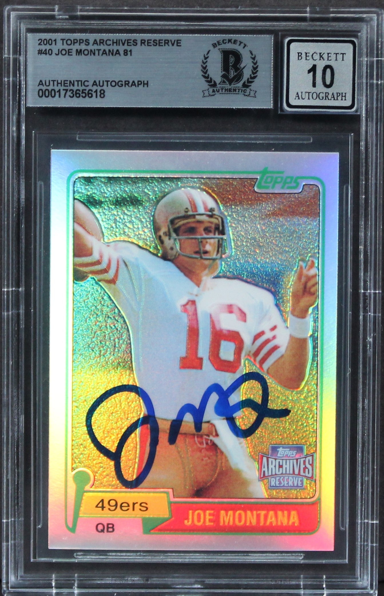 49ers Joe Montana Signed 2001 Topps Archives Reserve #40 Card Auto 10 BAS Slab