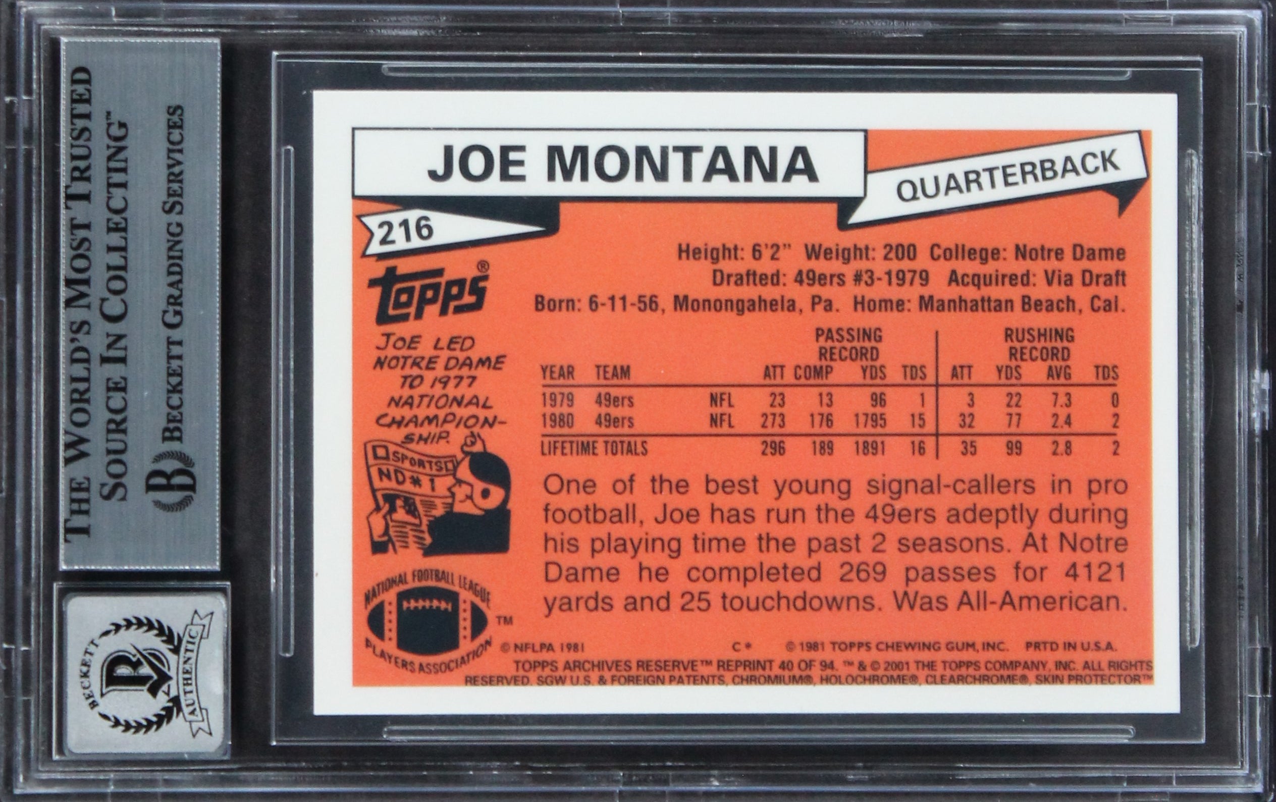 49ers Joe Montana Signed 2001 Topps Archives Reserve #40 Card Auto 10 BAS Slab