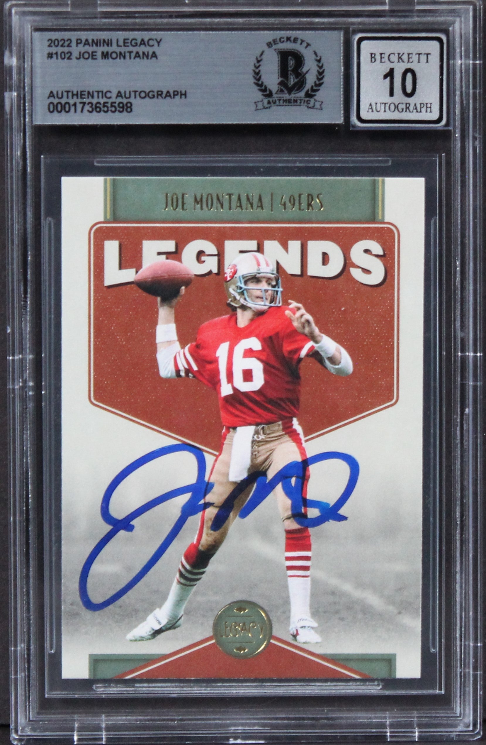 49ers Joe Montana Signed 2022 Panini Legacy #102 Card Auto Graded 10! BAS Slab