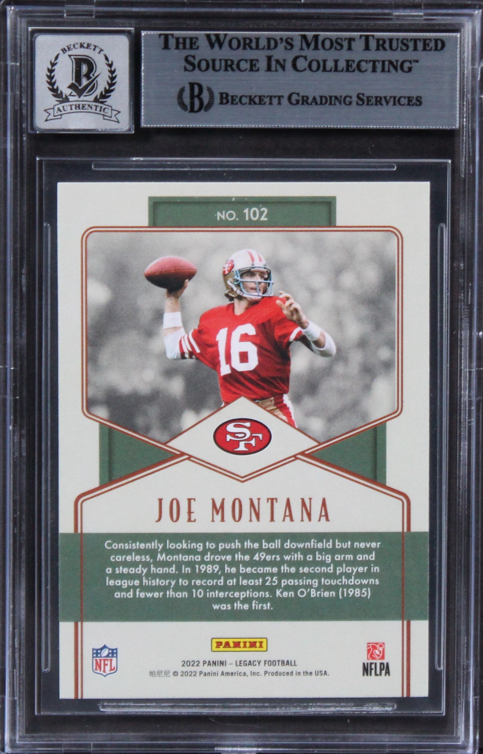 49ers Joe Montana Signed 2022 Panini Legacy #102 Card Auto Graded 10! BAS Slab