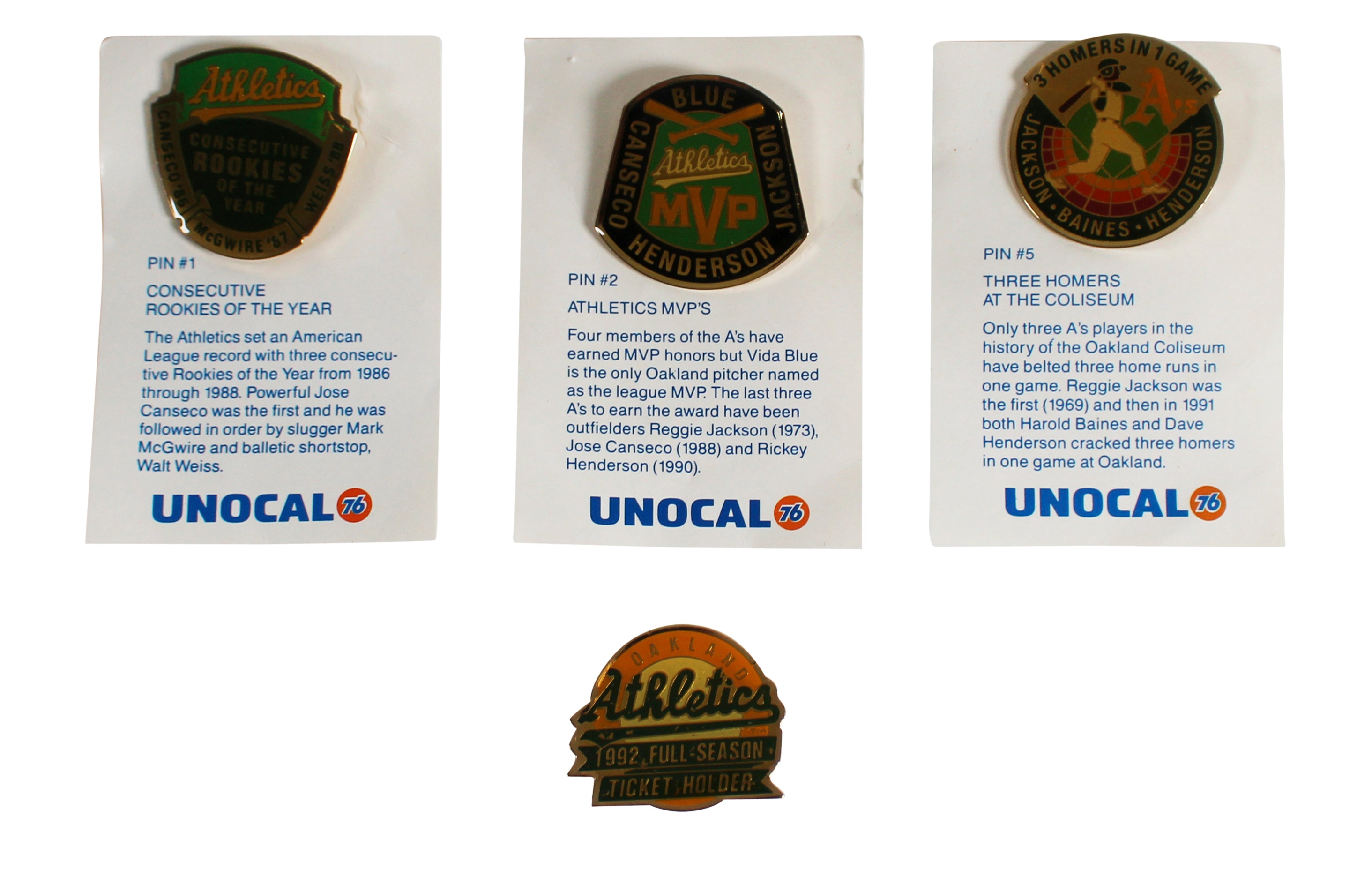 Athletics 1992 Season Collector Pin Set Un-signed 3