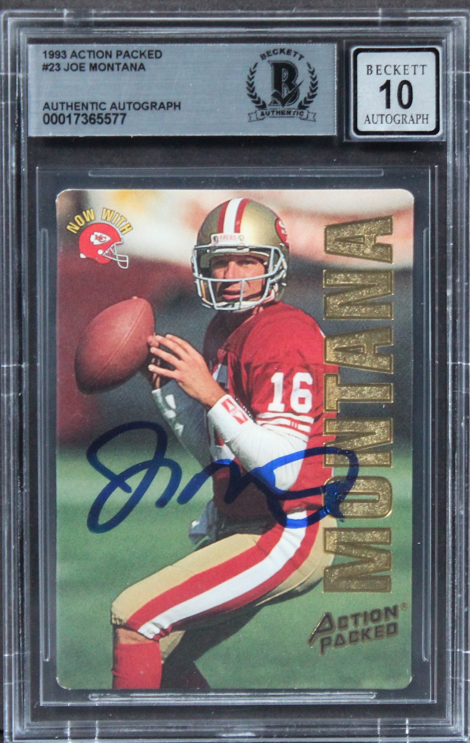 49ers Joe Montana Signed 1993 Action Packed #23 Card Auto Graded 10! BAS Slabbed