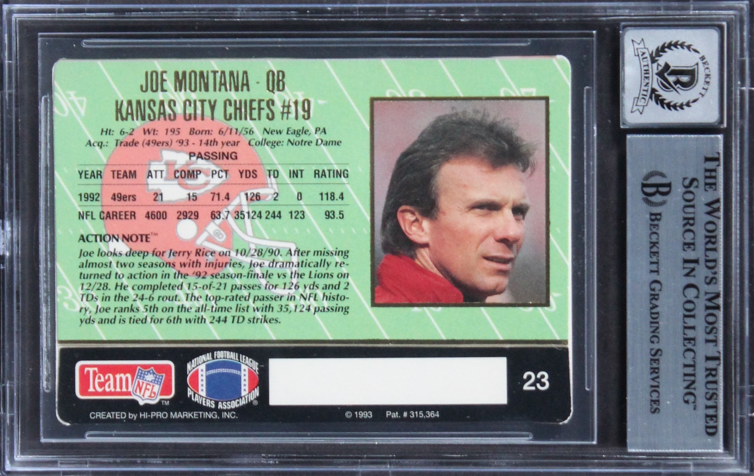 49ers Joe Montana Signed 1993 Action Packed #23 Card Auto Graded 10! BAS Slabbed