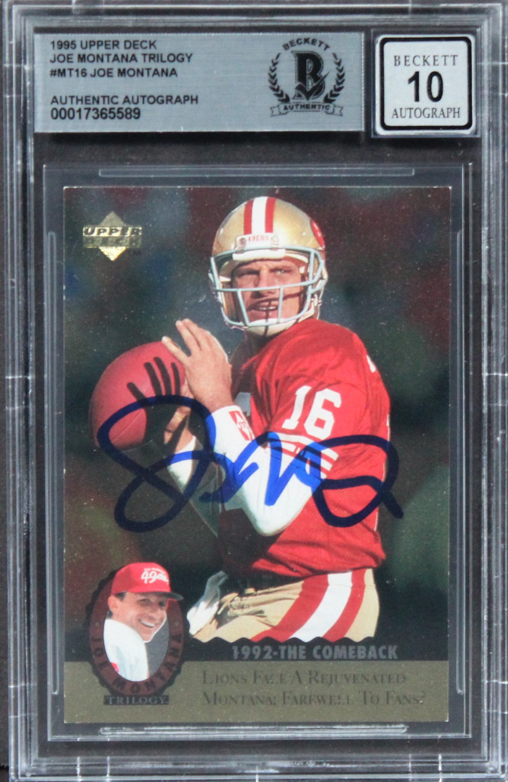 49ers Joe Montana Signed 1995 Upper Deck Trilogy #MT16 Card Auto 10! BAS Slab 1