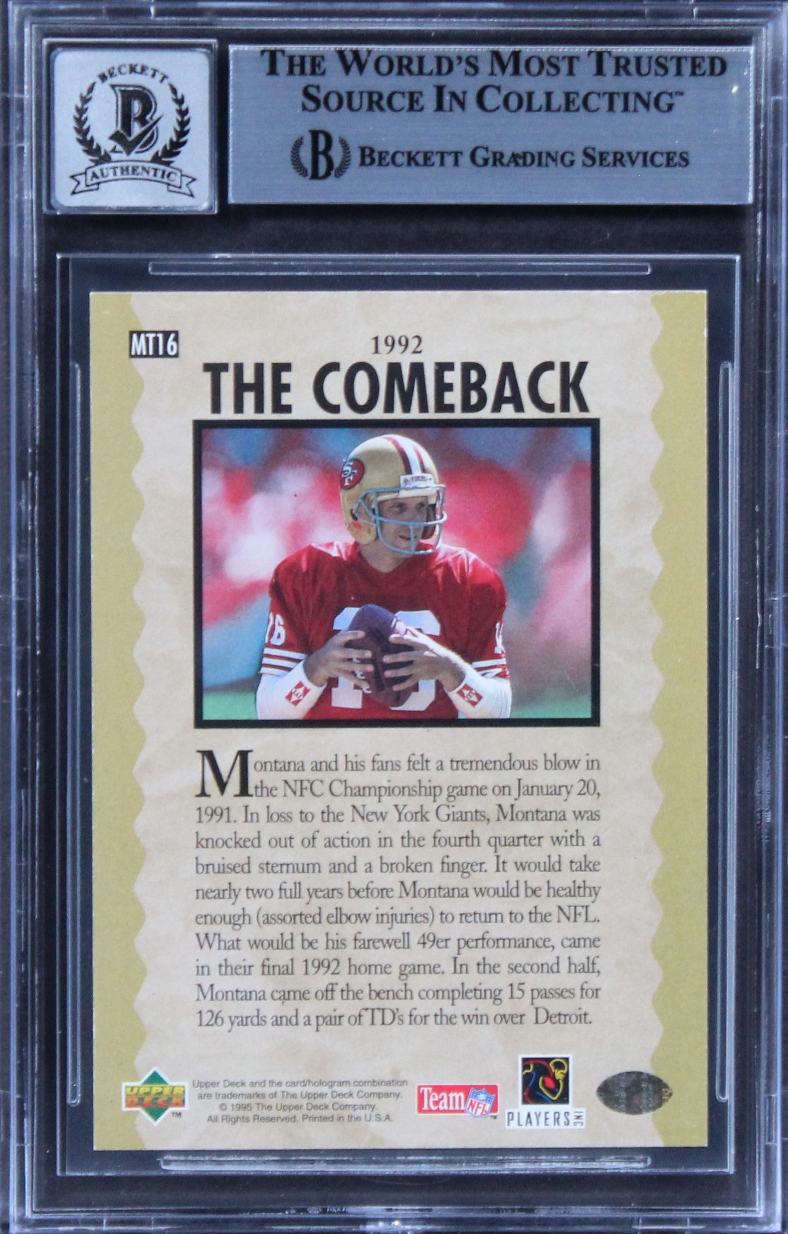 49ers Joe Montana Signed 1995 Upper Deck Trilogy #MT16 Card Auto 10! BAS Slab 1