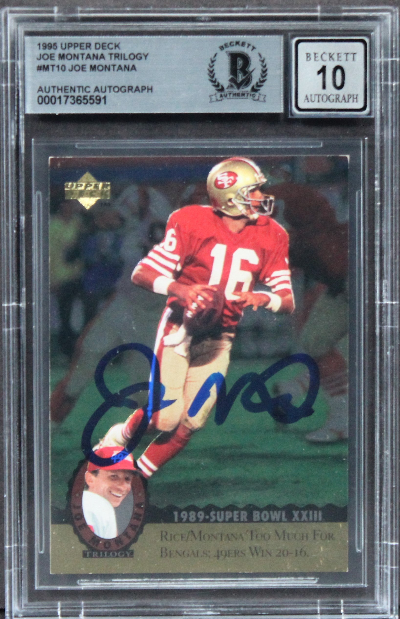 49ers Joe Montana Signed 1995 Upper Deck Trilogy #MT16 Card Auto 10! BAS Slab 2