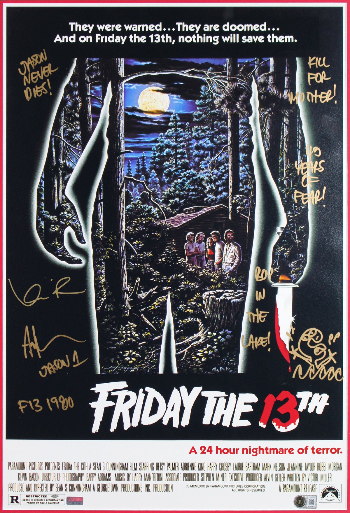 Kevin Bacon & Ari Lehman w/ Insc Signed 16x24 Framed Movie Poster Photo BAS Wit