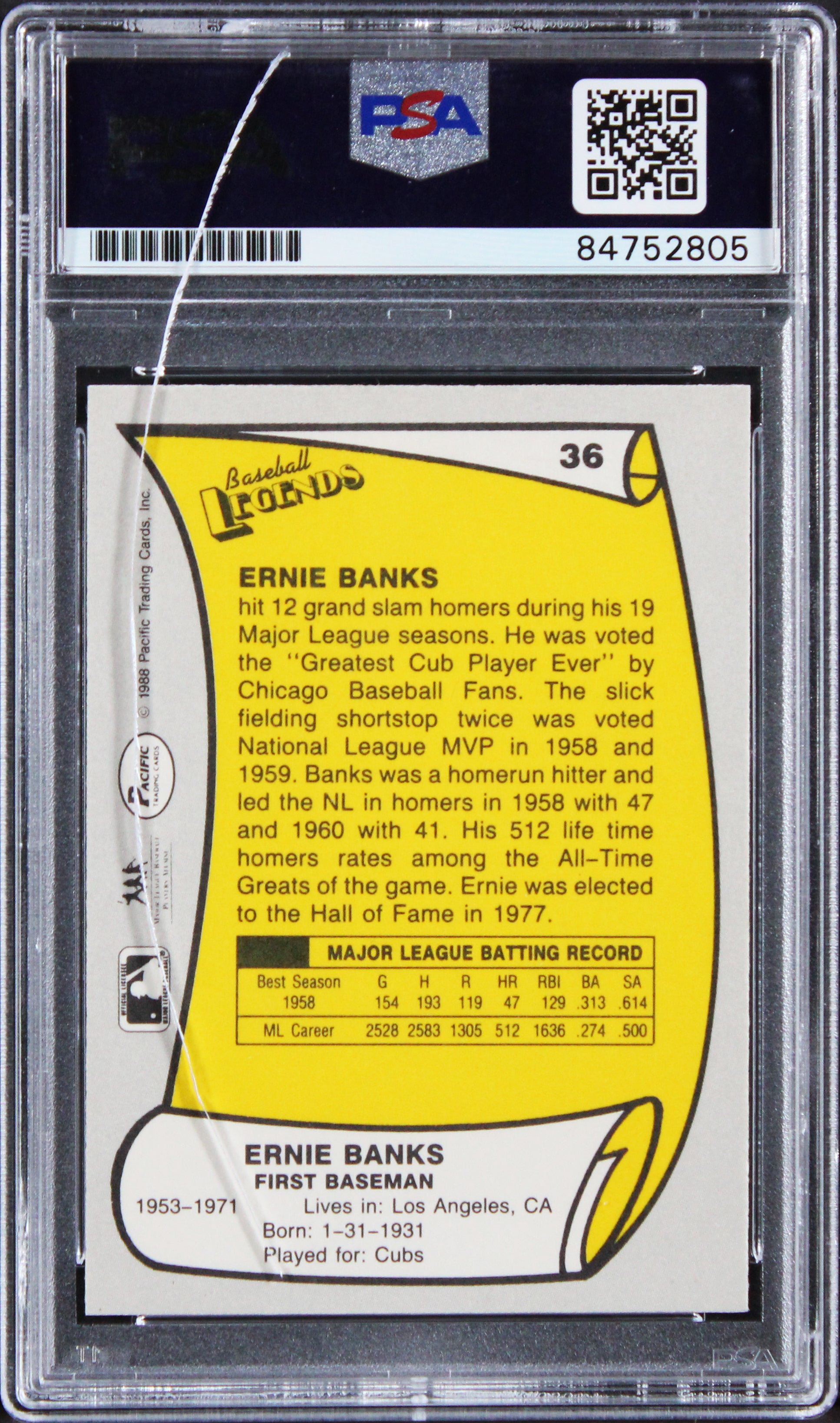Cubs Ernie Banks Authentic Signed 1988 Pacific Legends #35 Card PSA/DNA Slabbed