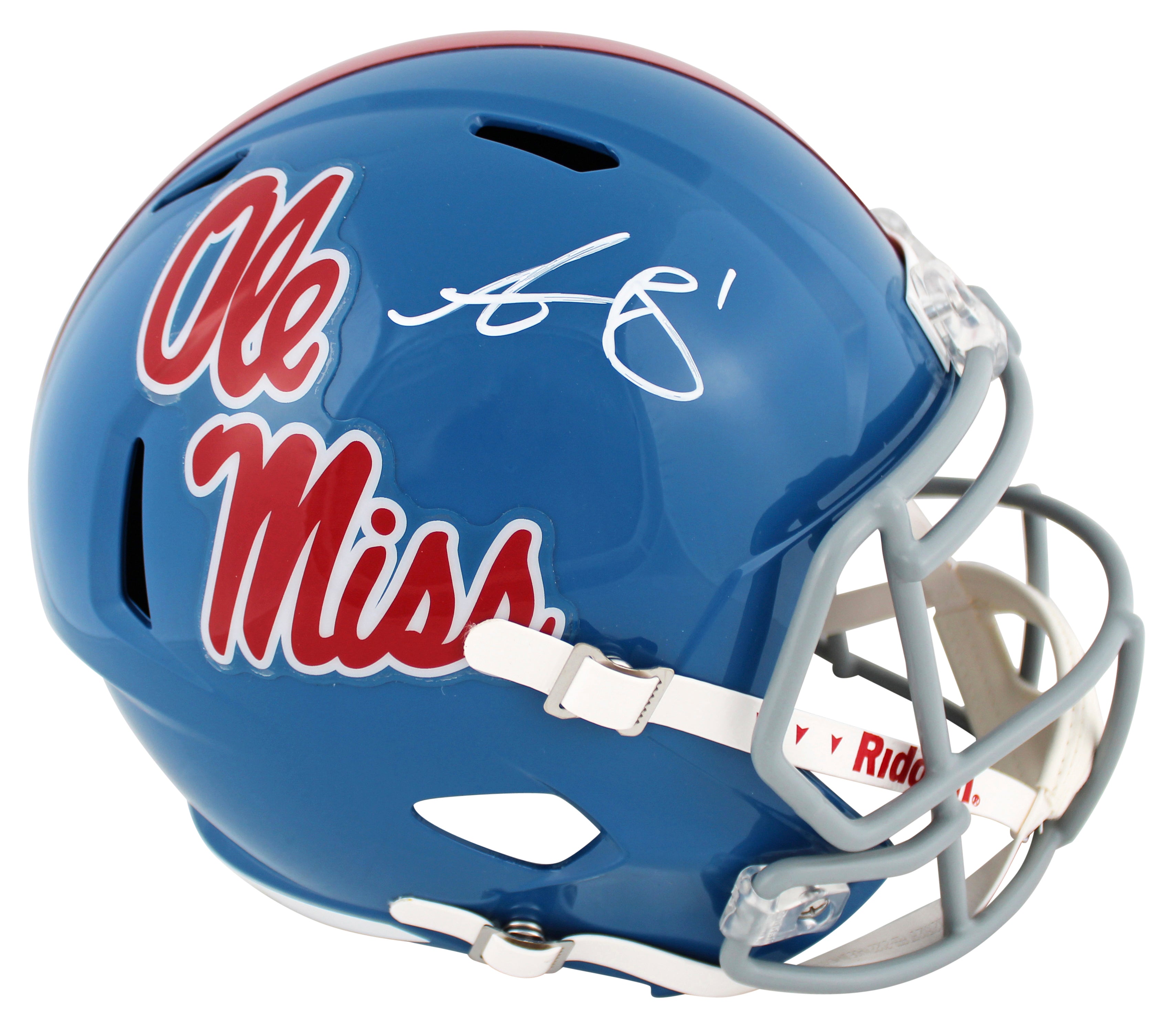 Ole Miss A.J. Brown Signed Powder Blue Full Size Speed Rep Helmet W/ Case BAS W