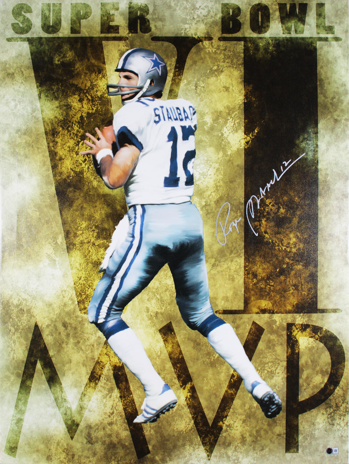 Cowboys Roger Staubach Authentic Signed & Framed 28.5x38.5 SB VI MVP Canvas BAS