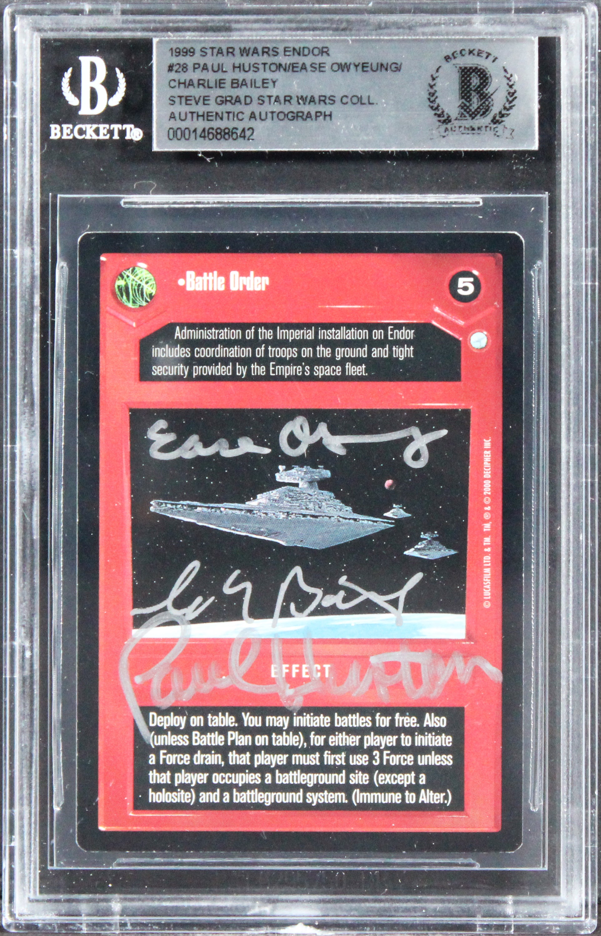 Star Wars (3) Huston, Owyeung & Bailey Signed 1999 SW Endor #28 Card BAS Slabbed