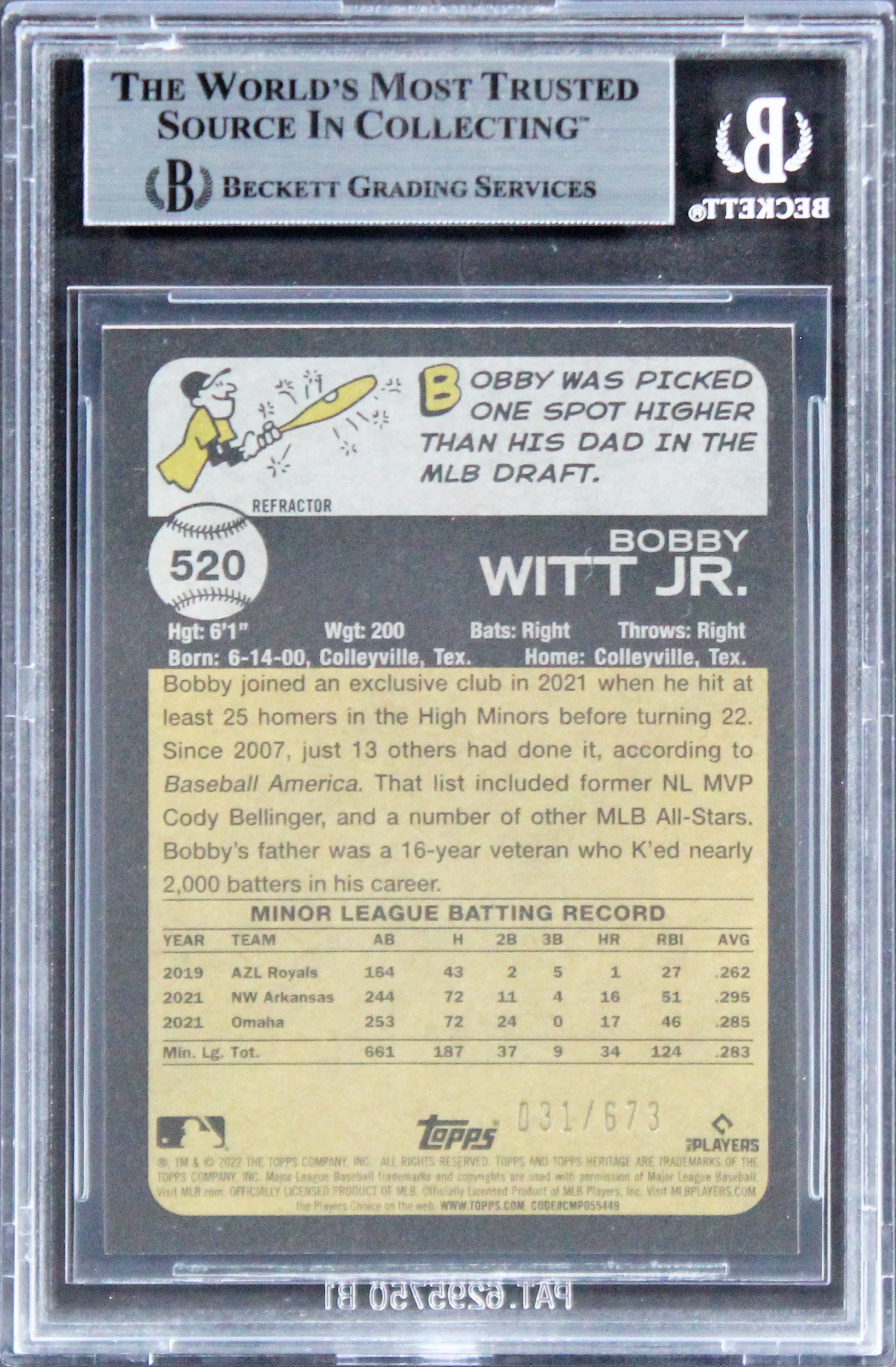 Royals Bobby Witt Jr. Authentic Signed 2022 Topps Heritage Chrome Refractors #520 Rookie Card BAS Slabbed