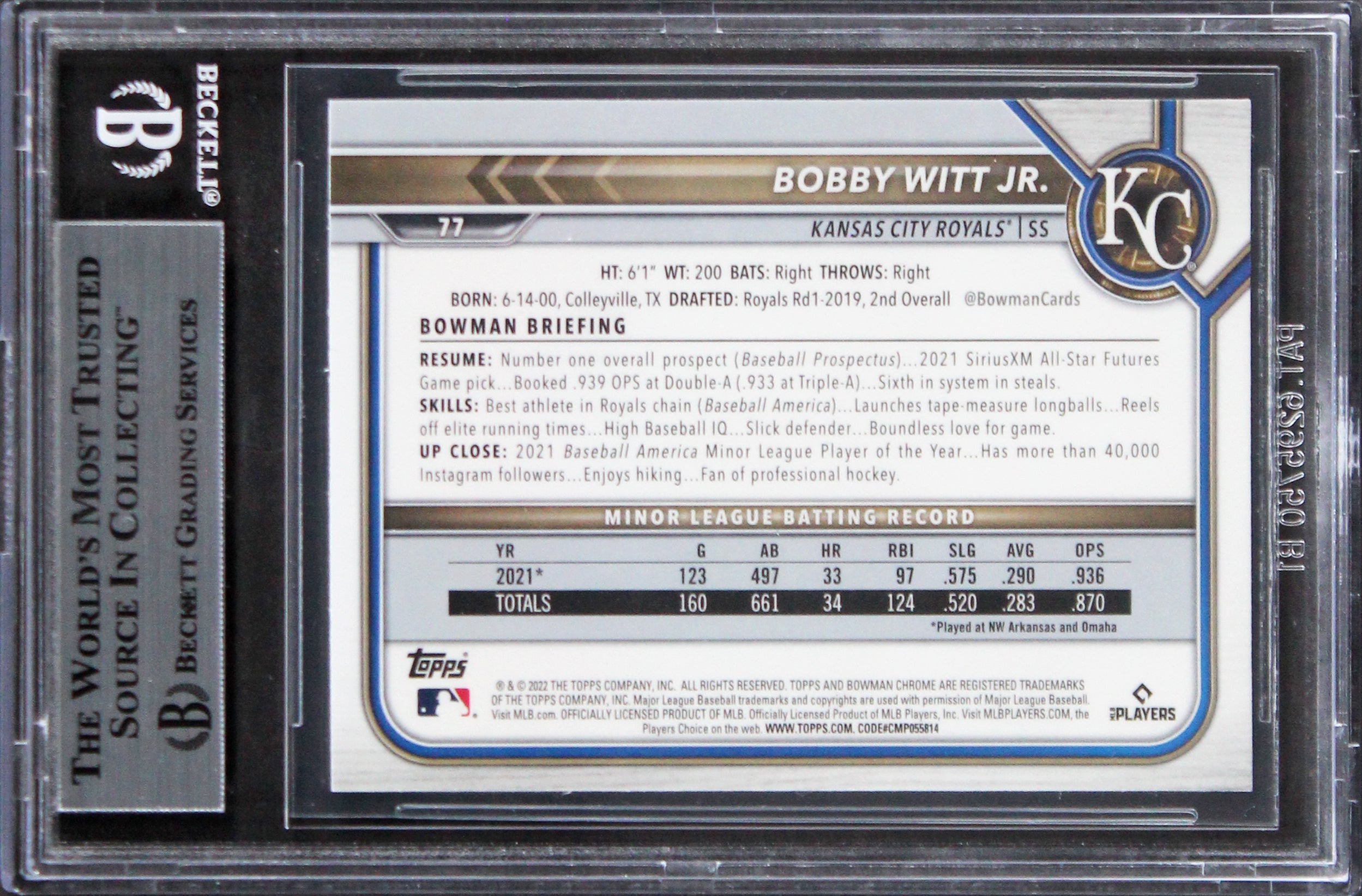 Royals Bobby Witt Jr. Signed 2022 Bowman Chrome #77 Rookie Card BAS Slabbed