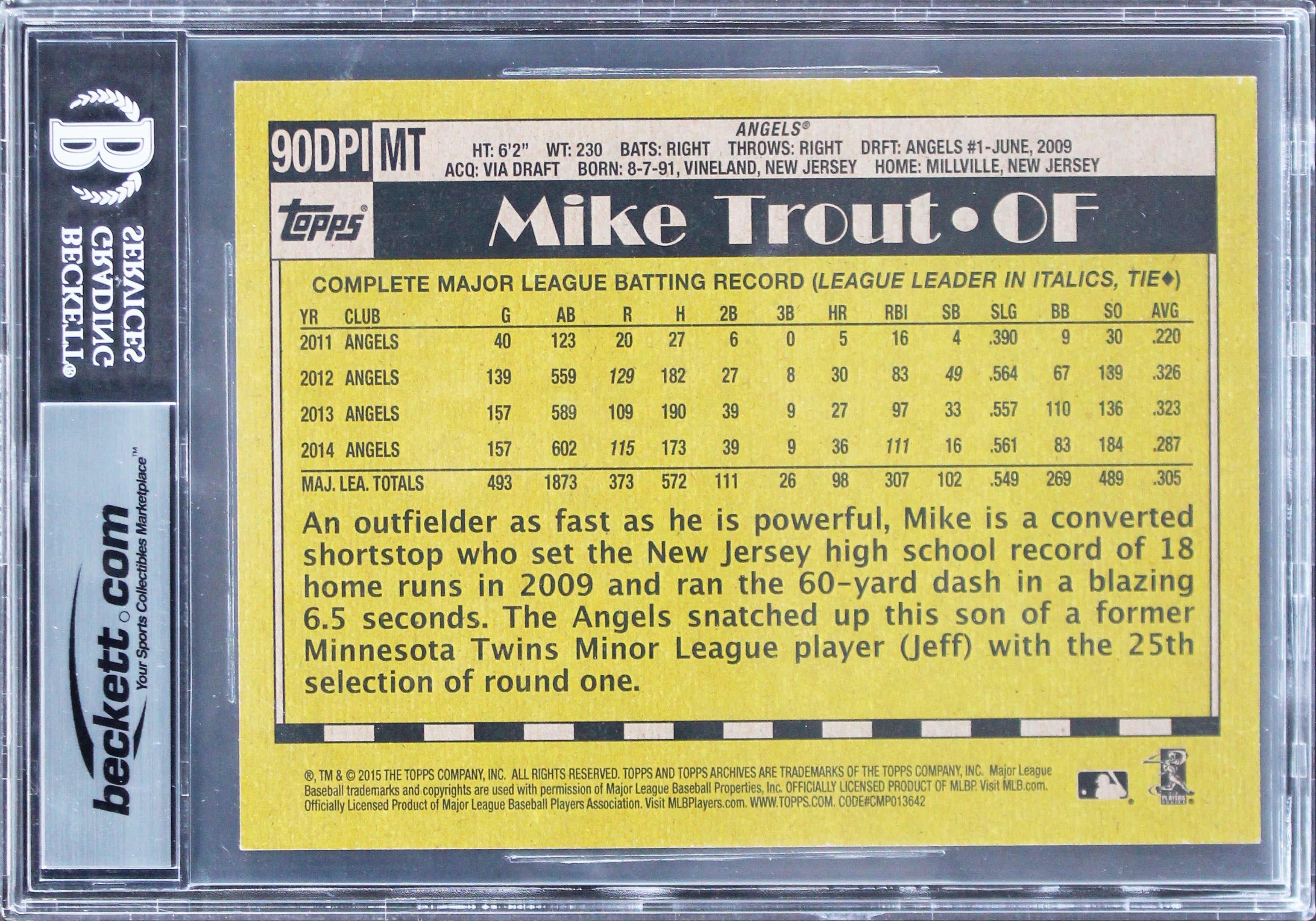 Angels Mike Trout Signed 2015 Topps Archives 5x7 '90 Topps DP #1 Card BAS Slab