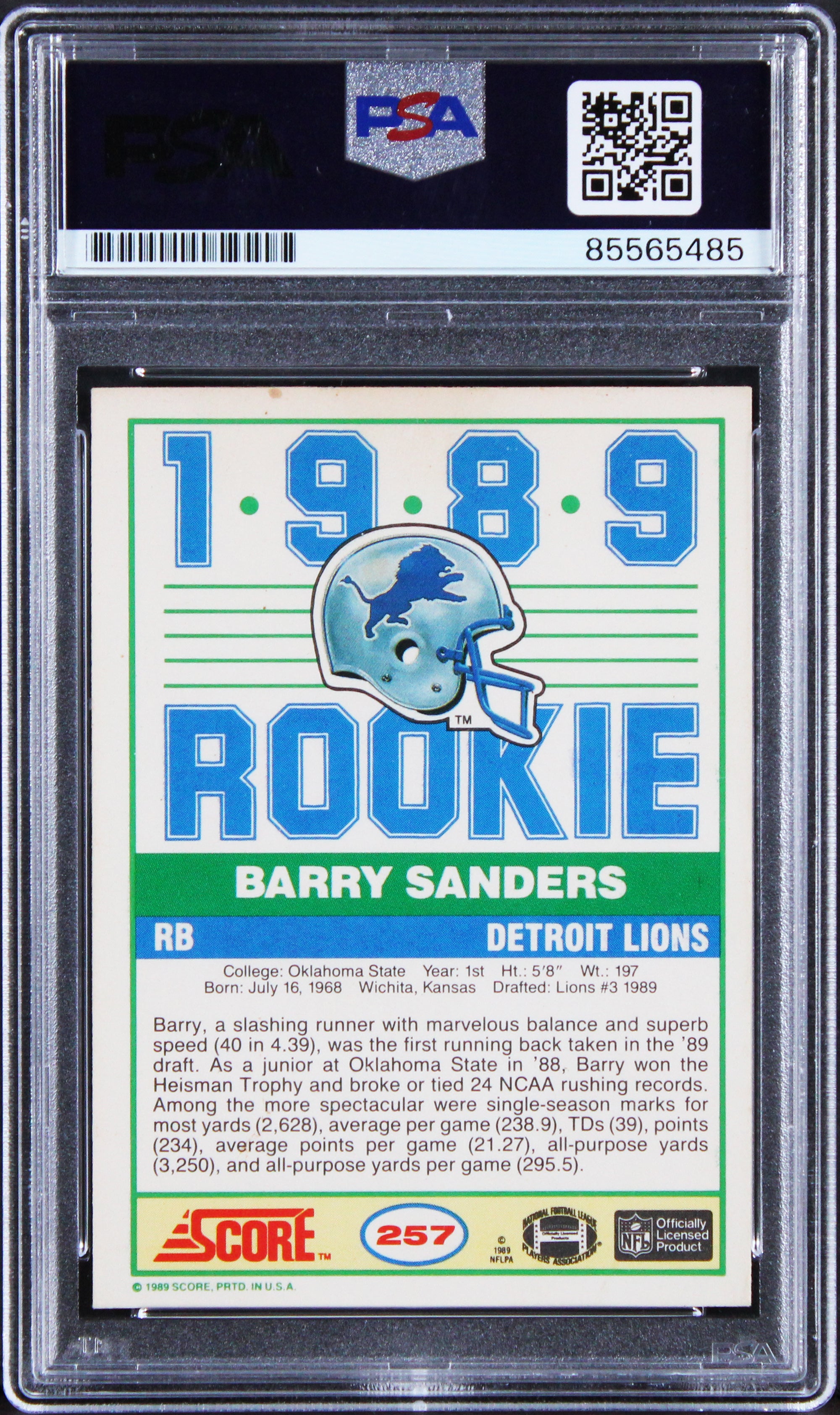 Barry Sanders "89 ROY" Signed 1989 Score #257 RC Card Auto 10! PSA/DNA Slabbed