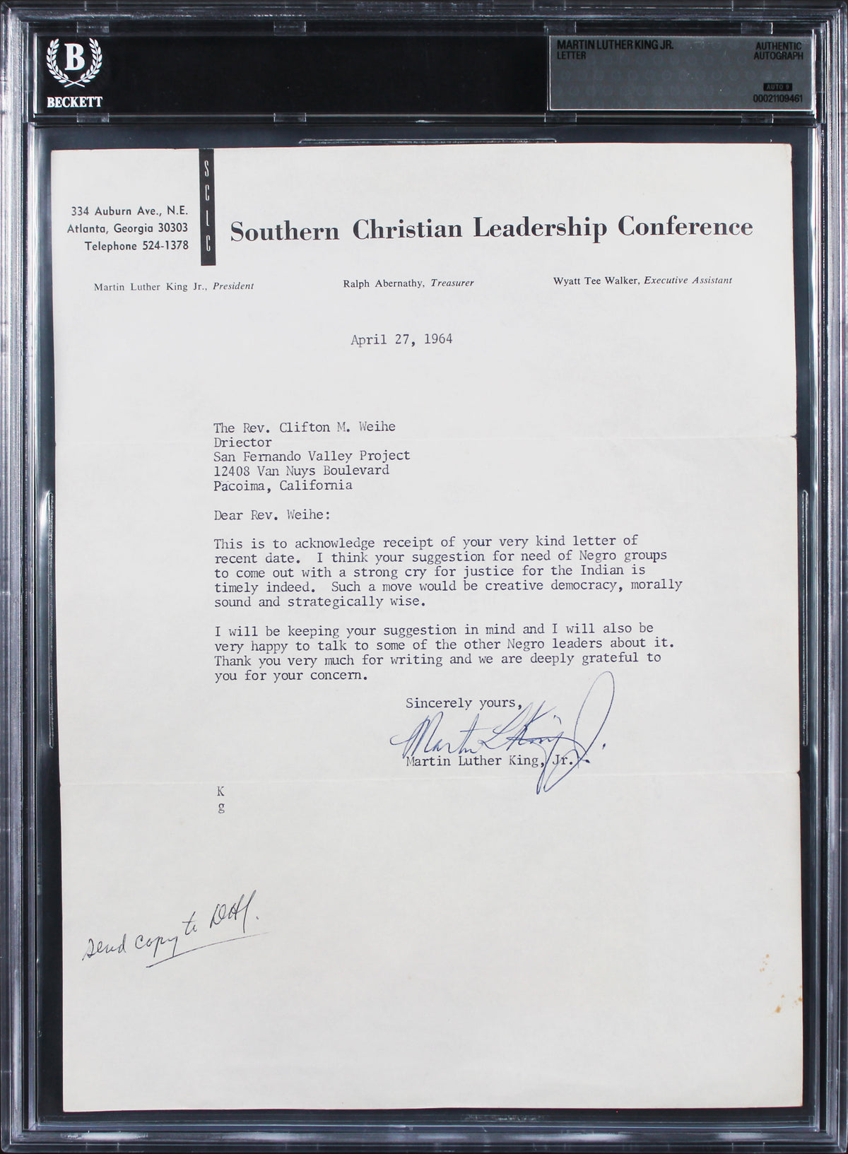 Martin Luther King Jr. Signed 8.5x11 Letter Dated April 1964 Auto 9! BAS Slabbed