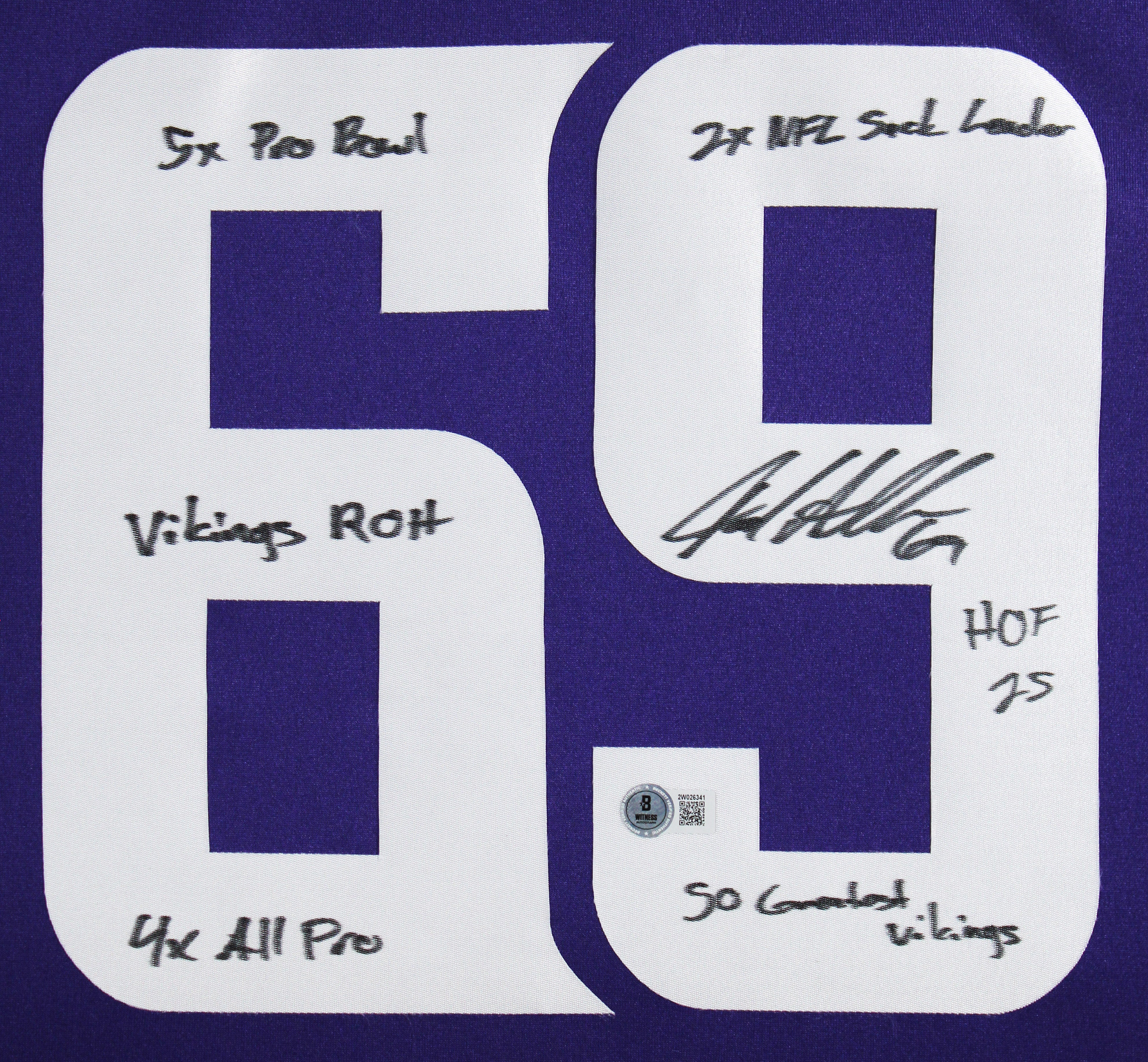 Vikings Jared Allen "6x Insc" Signed Purple Nike Limited Framed Jersey BAS Wit