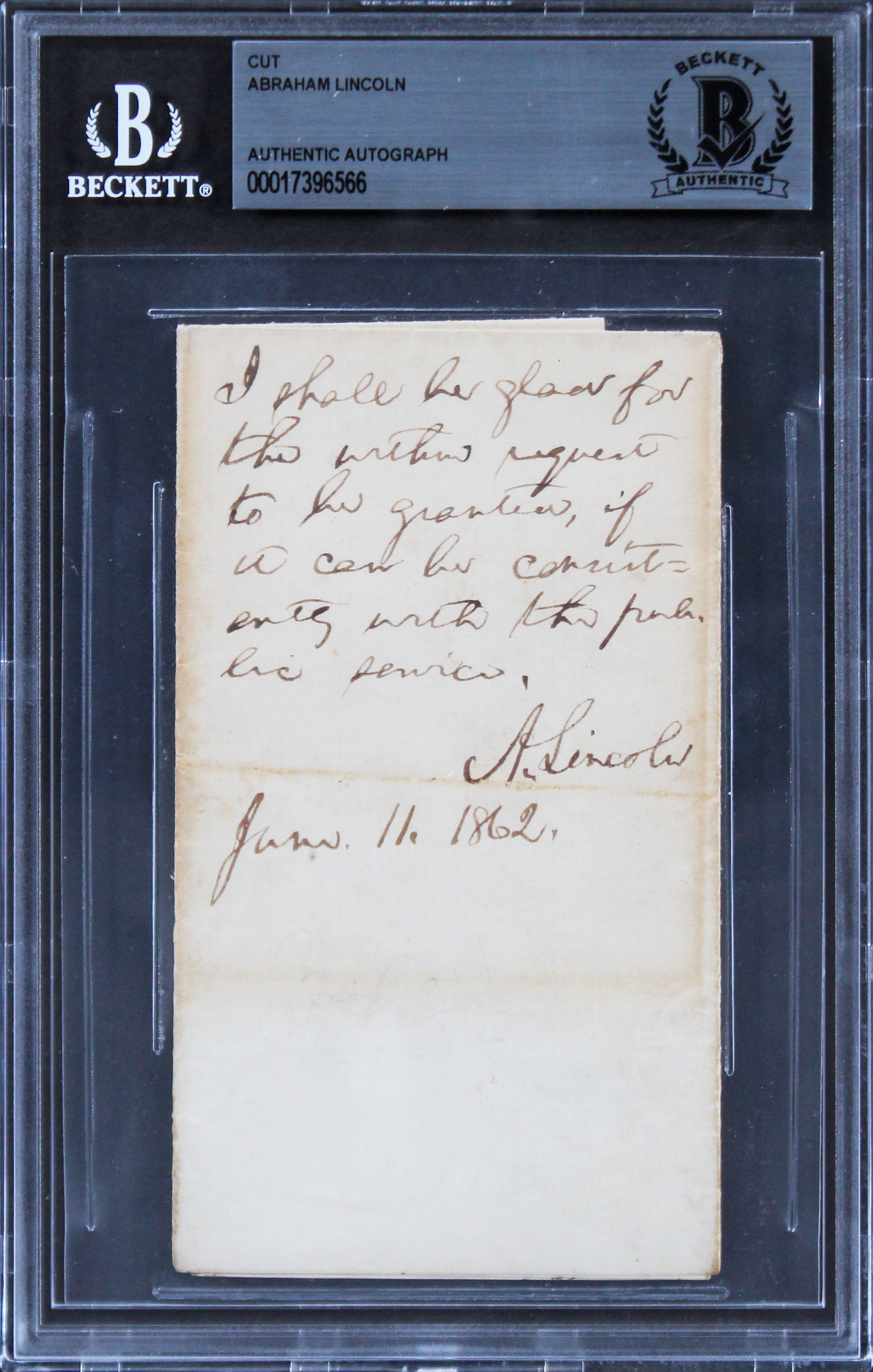 Abraham Lincoln "June 11, 1862" Authentic Signed 2.75x5 Cut Signature BAS Slab