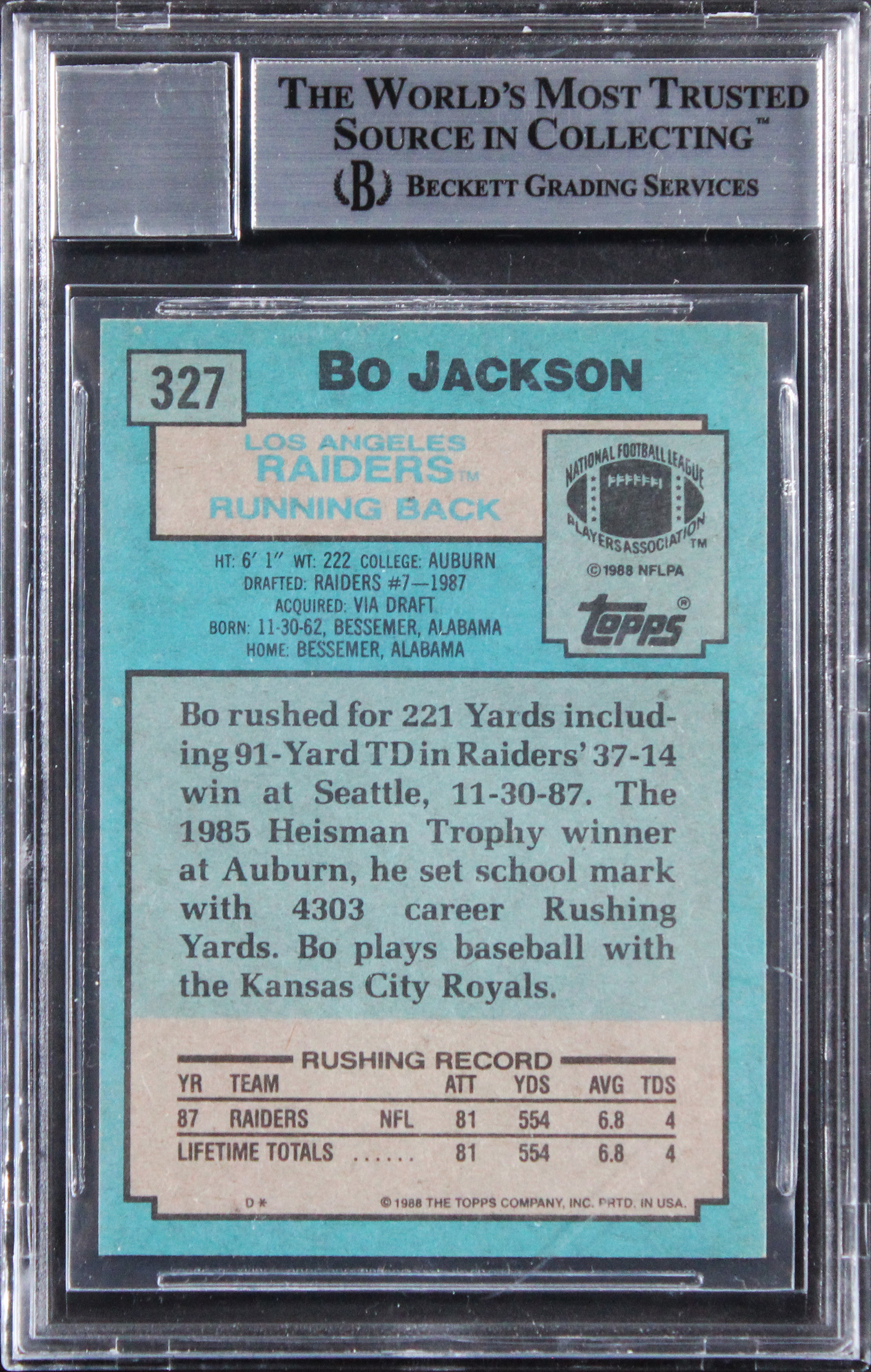 Raiders Bo Jackson Signed 1988 Topps #327 Card Auto Grade GM 10! BAS Slabbed