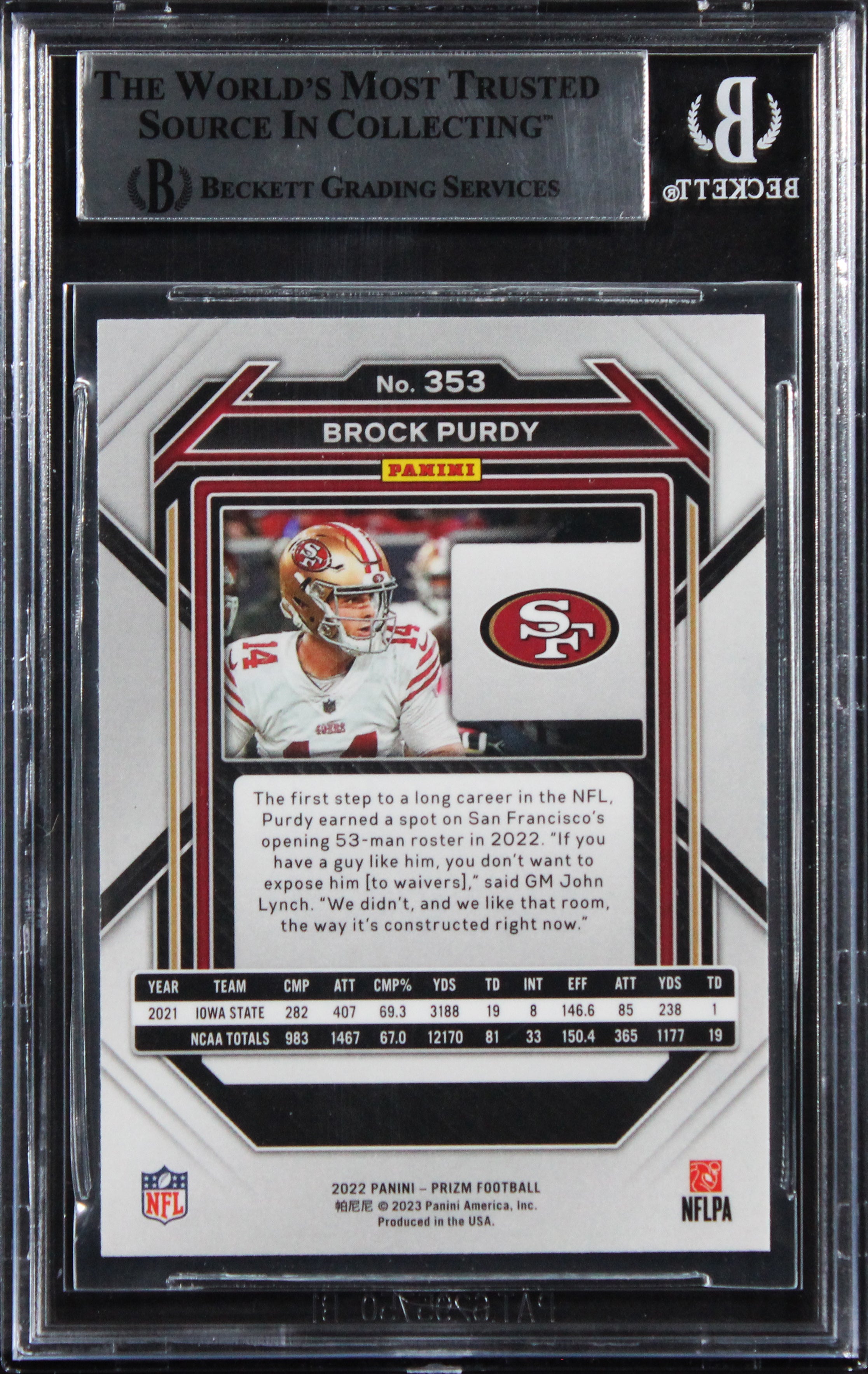 49ers Brock Purdy 2022 Panini Prizm #353 Rookie Card Autographed BAS Slabbed