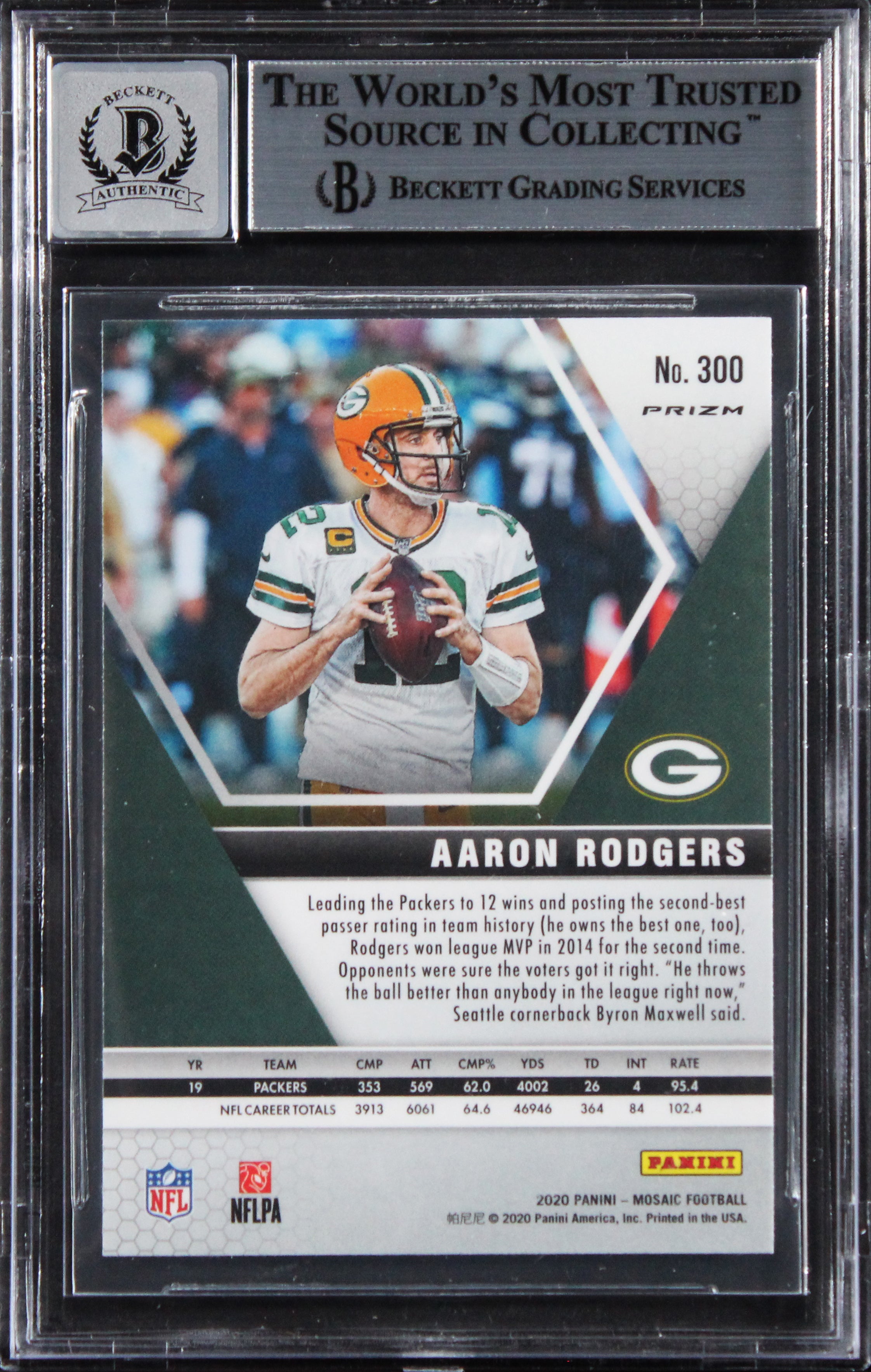Packers Aaron Rodgers Signed 2020 Panini Mosaic #300 Card Auto 10! BAS Slabbed