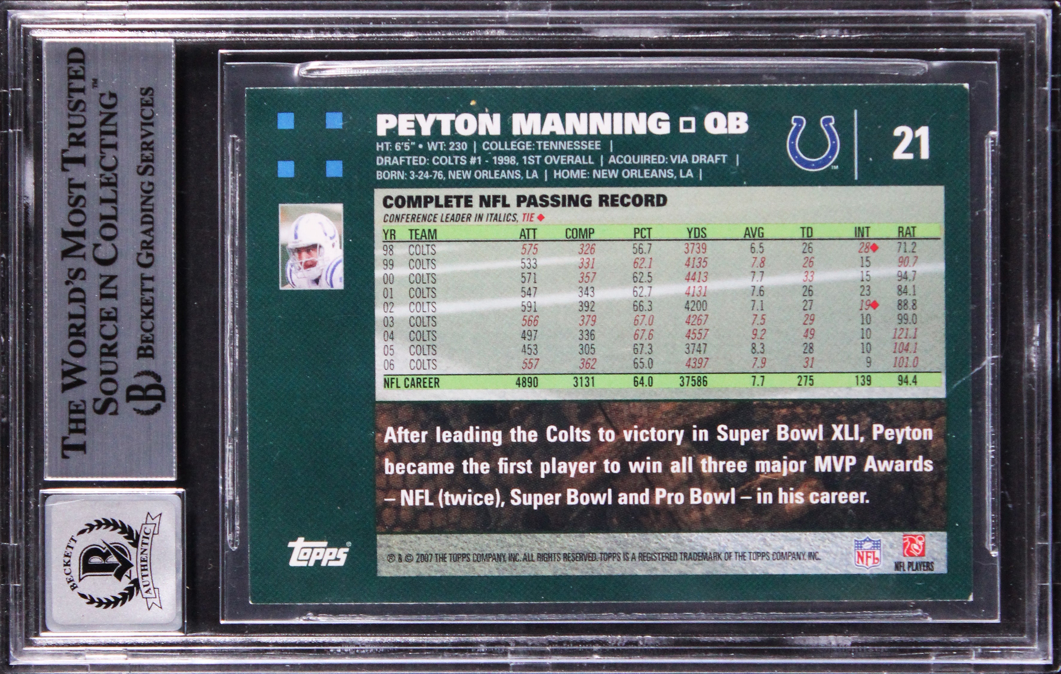 Colts Peyton Manning Signed 2007 Topps #21 Card Auto Grade GM 10! BAS Slabbed