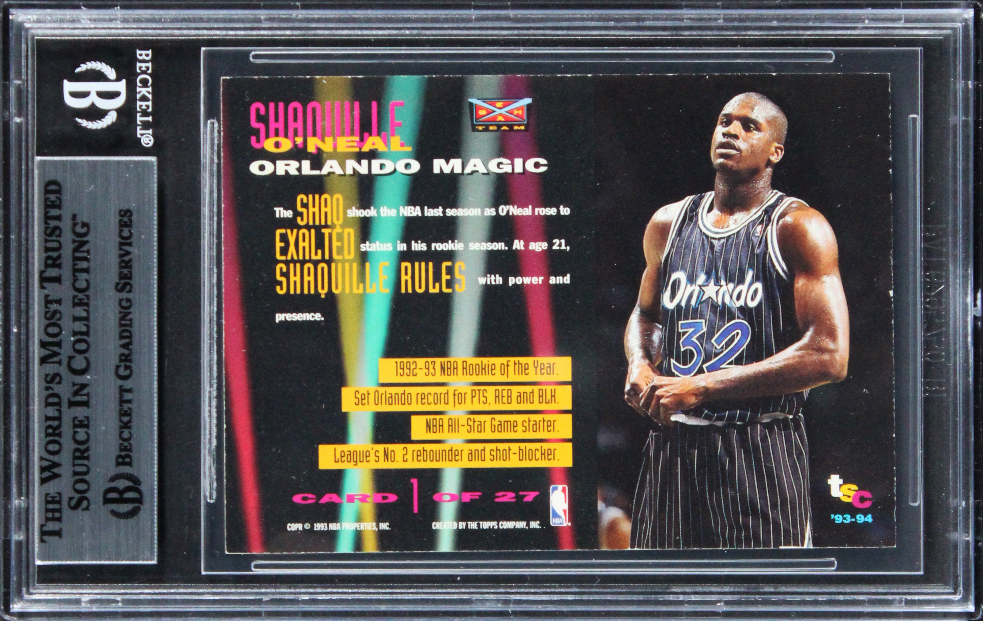 Shaq O'Neal Signed 1993 Stadium Club Beam Team Members Only #BT1 Card BAS Slab