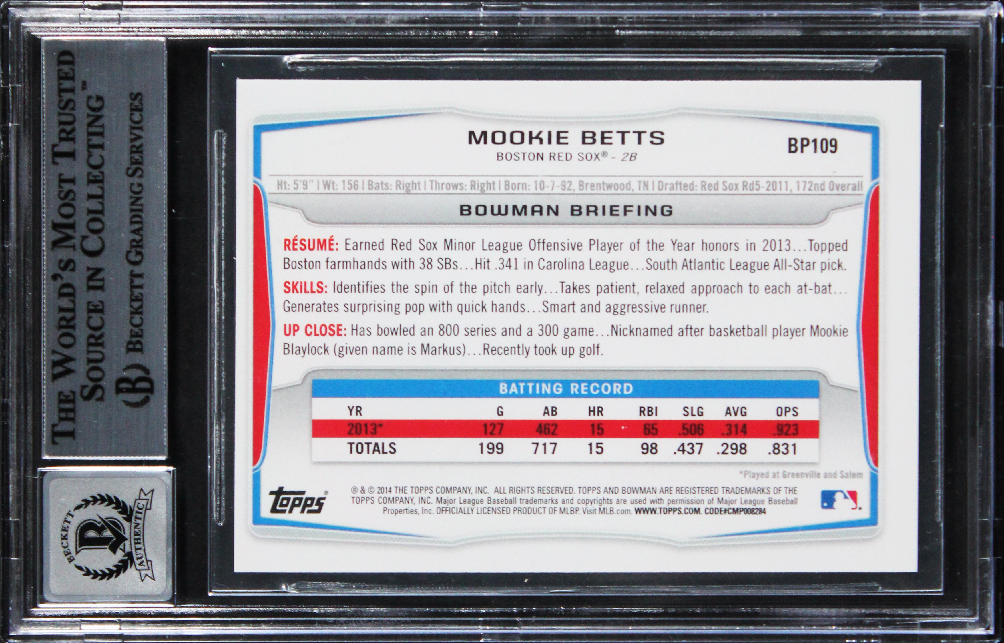 Red Sox Mookie Betts Signed 2014 Bowman #BP109 RC Card Auto GM 10! BAS Slabbed