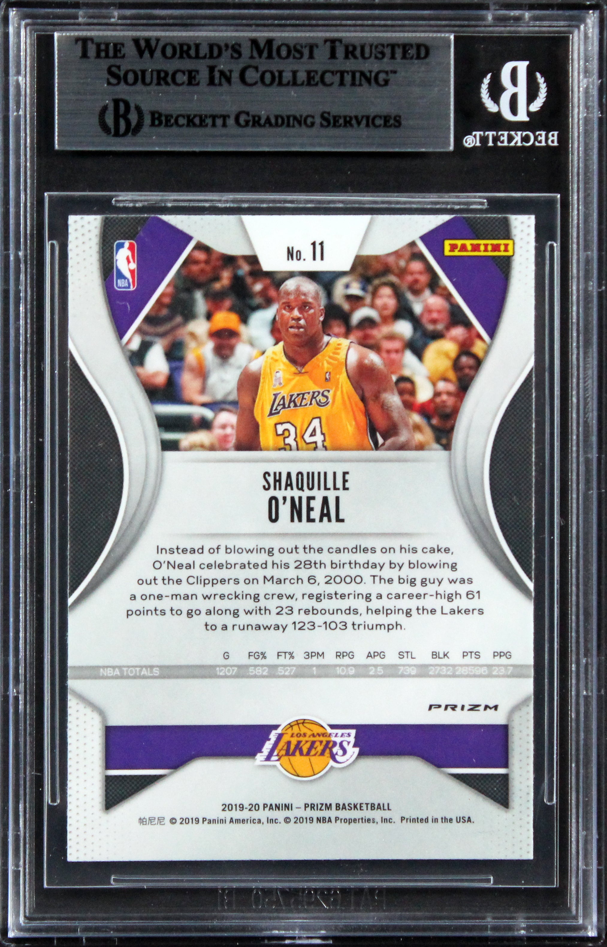 Lakers Shaquille O'Neal Signed 2019 Panini Prizm Ruby Wave #11 Card BAS Slabbed