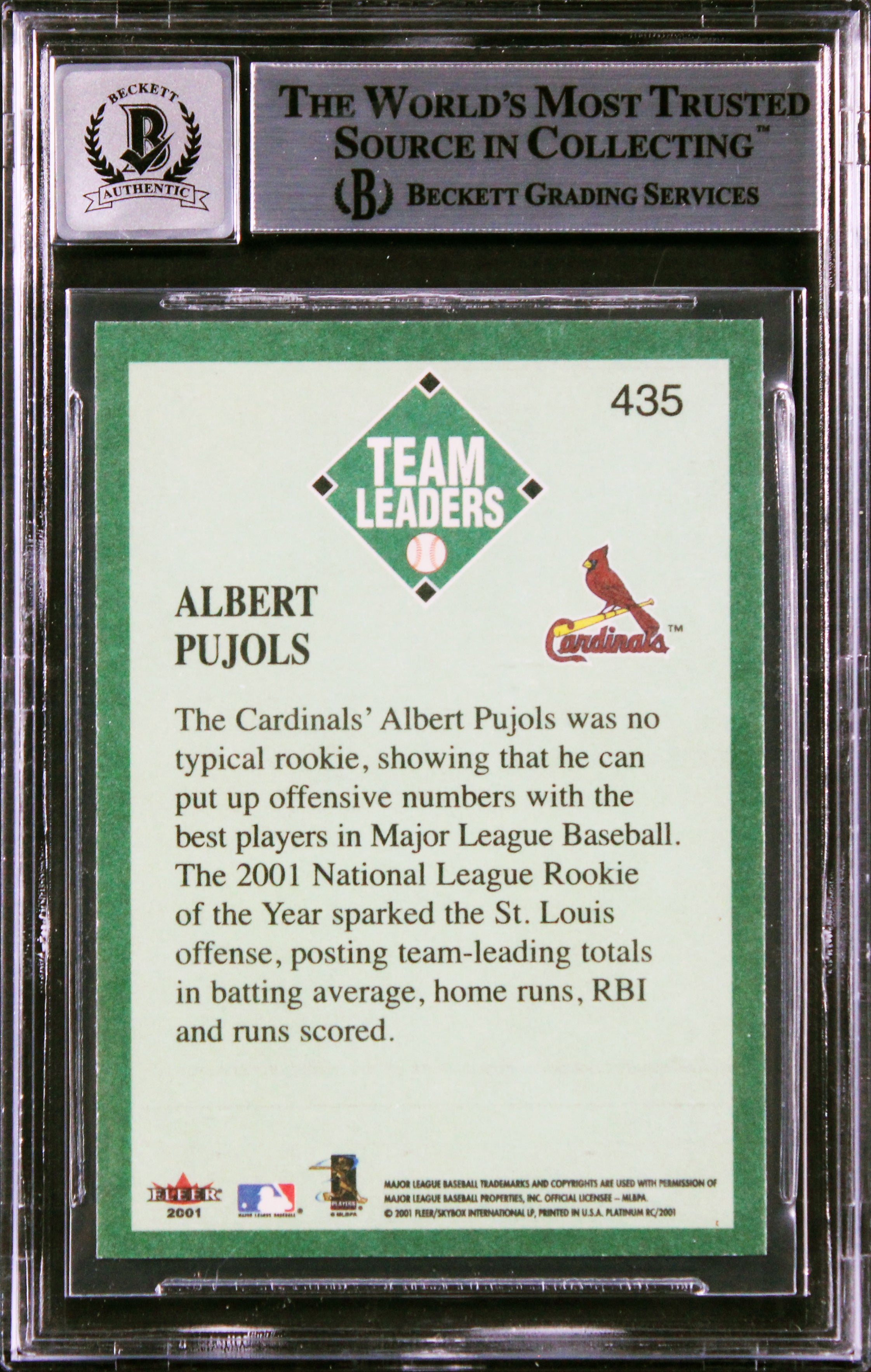 Cardinals Albert Pujols Signed 2001 Fleer Platinum #435 RC Card Auto 10 BAS Slab