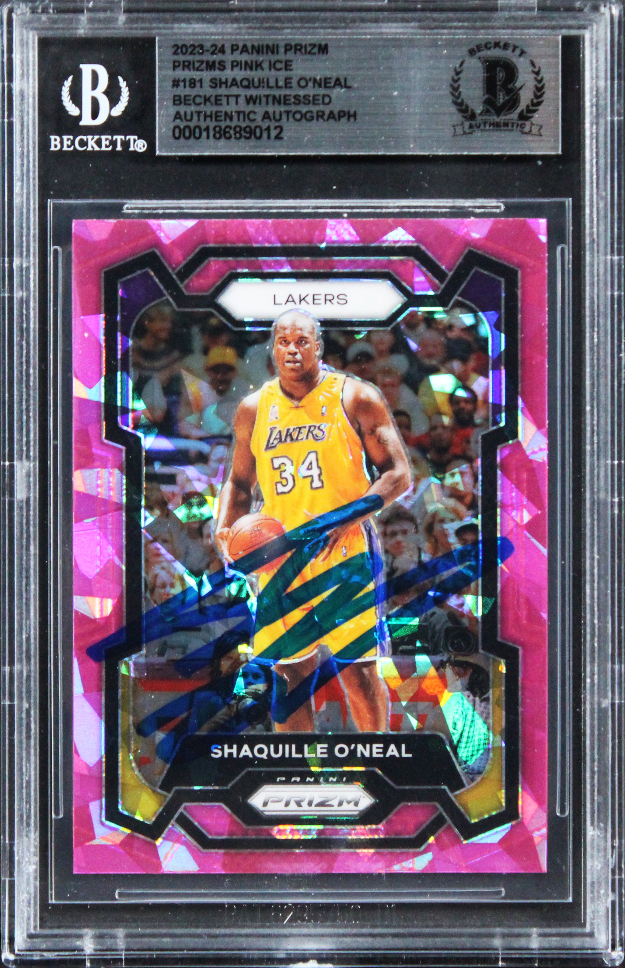 Lakers Shaquille O'Neal Signed 2023 Panini Prizm Pink Ice #181 Card BAS Slabbed